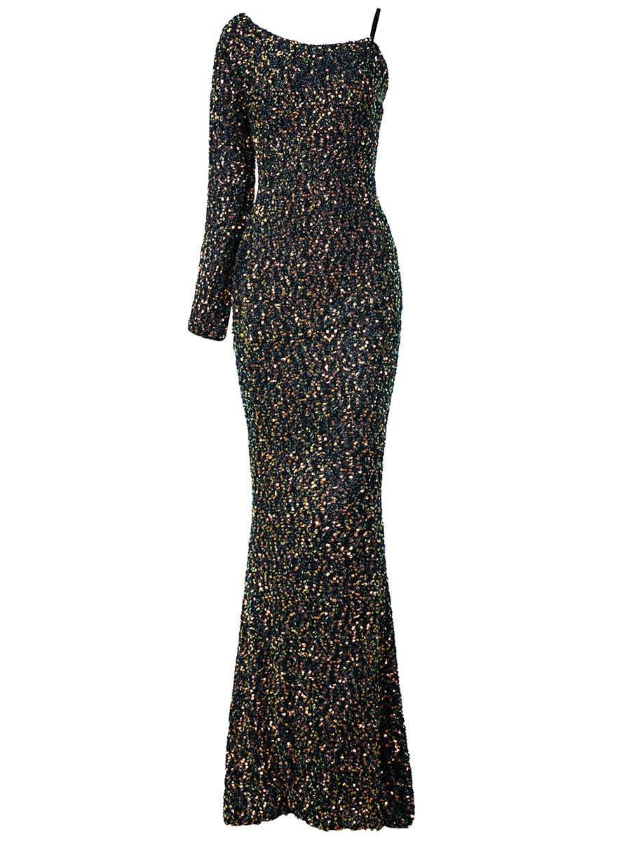One Shoulder Black Mermaid Sequin Dress M0622