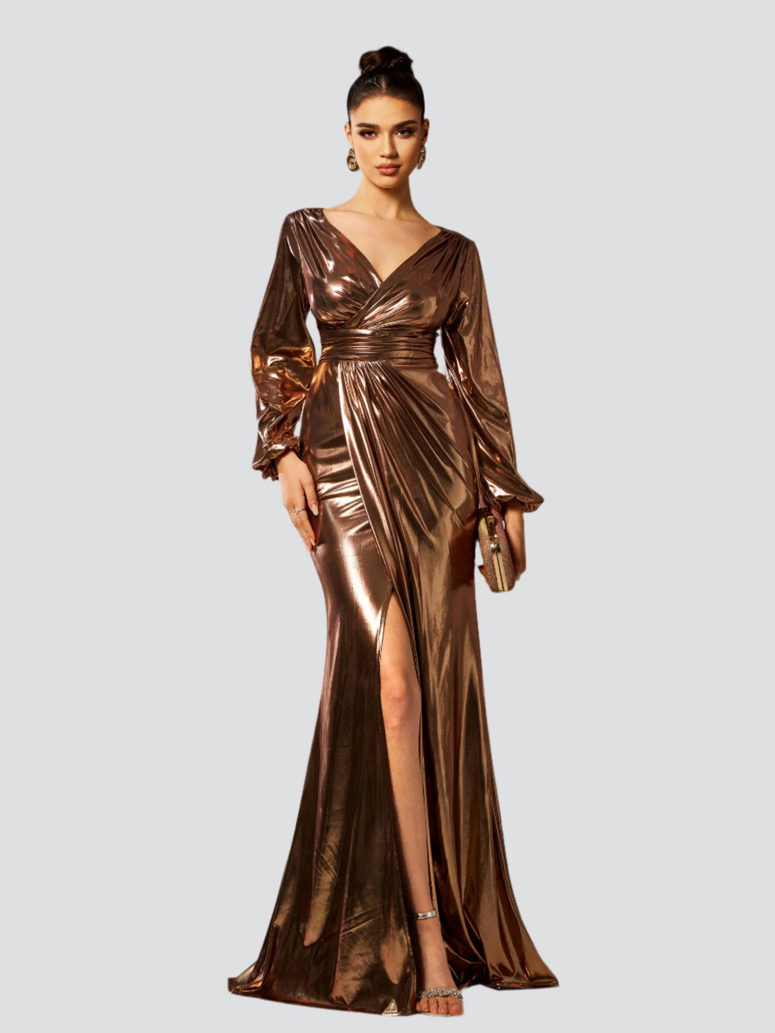 Wrap Long Sleeve Metallic Prom Dress RJ12035