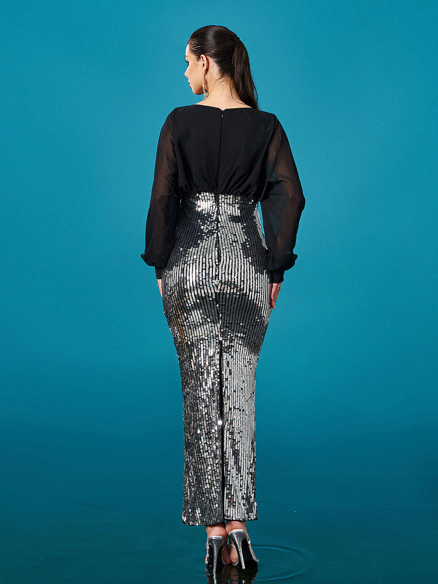 V-neck Panel Sequin Sheath Cocktail Dress DH80396