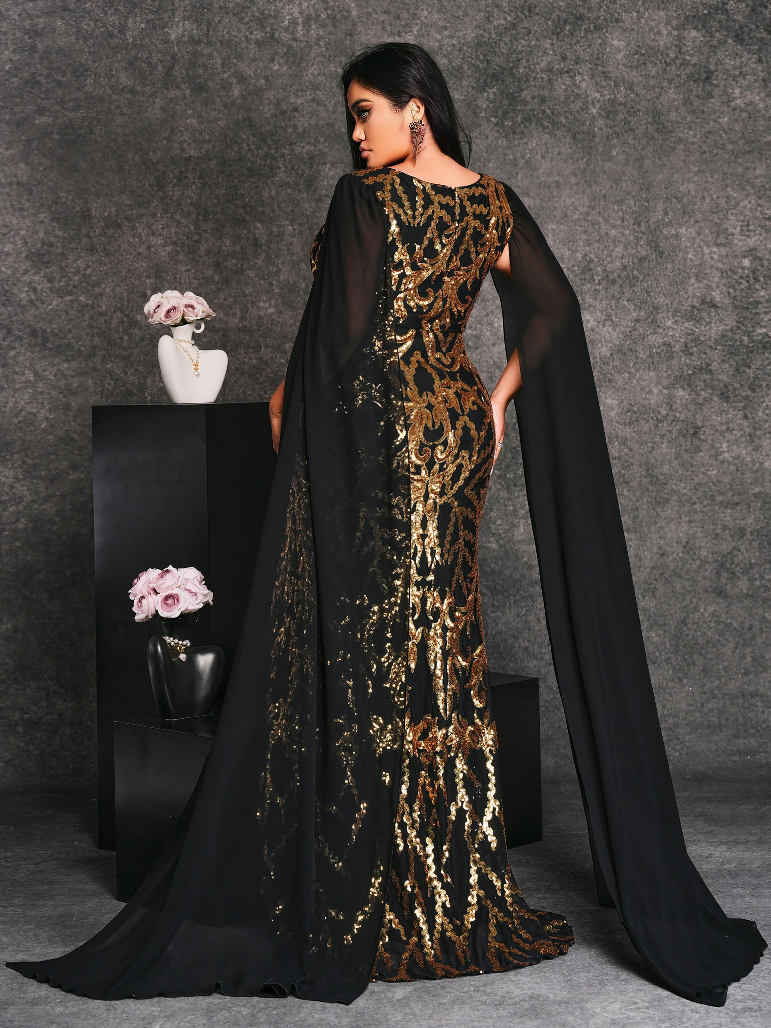 Plus V-neck Cape Sleeve Formal Dress PRX70124