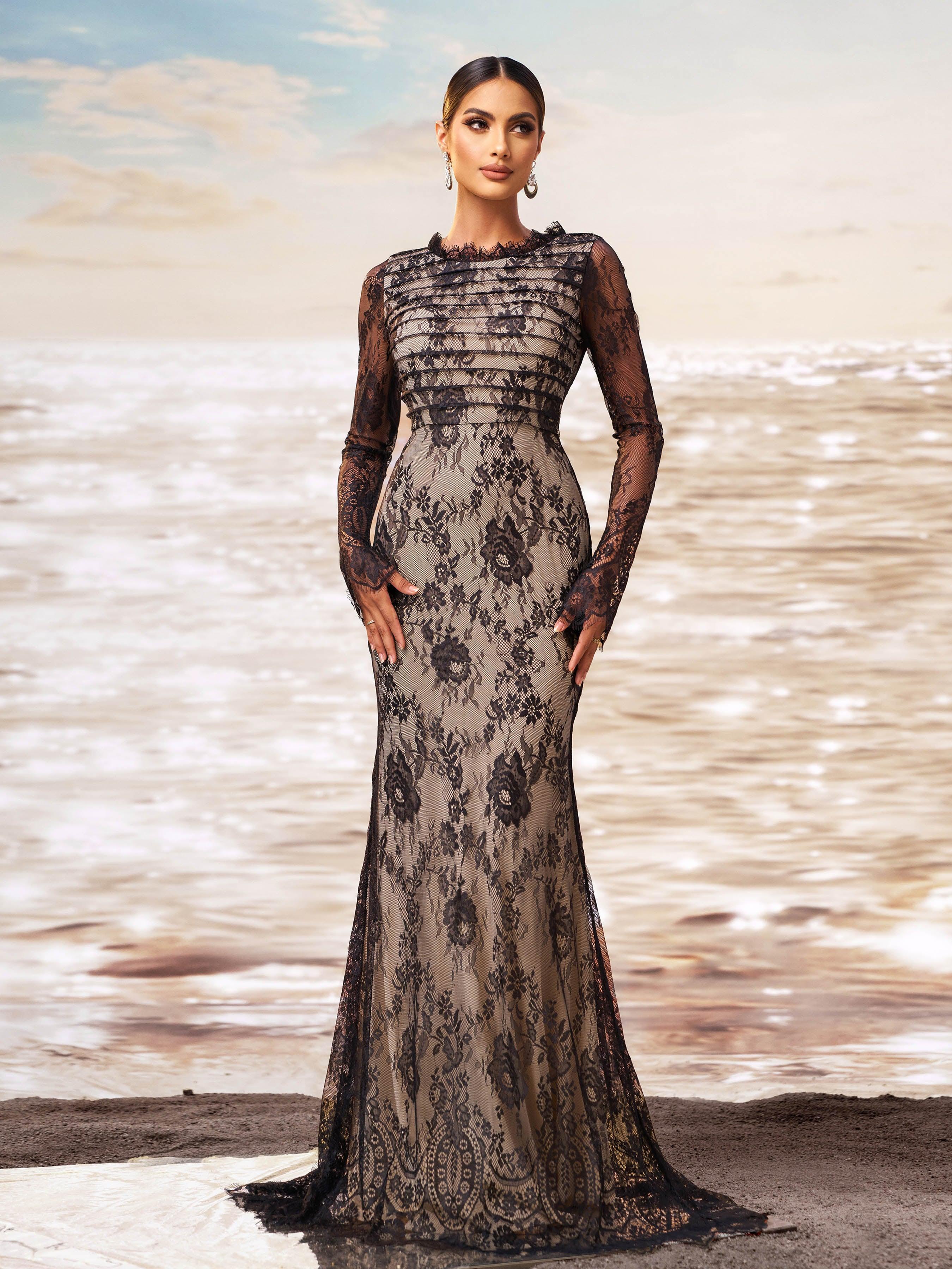 Romantic Floral Lace Long Sleeve Formal Dress RJ12063