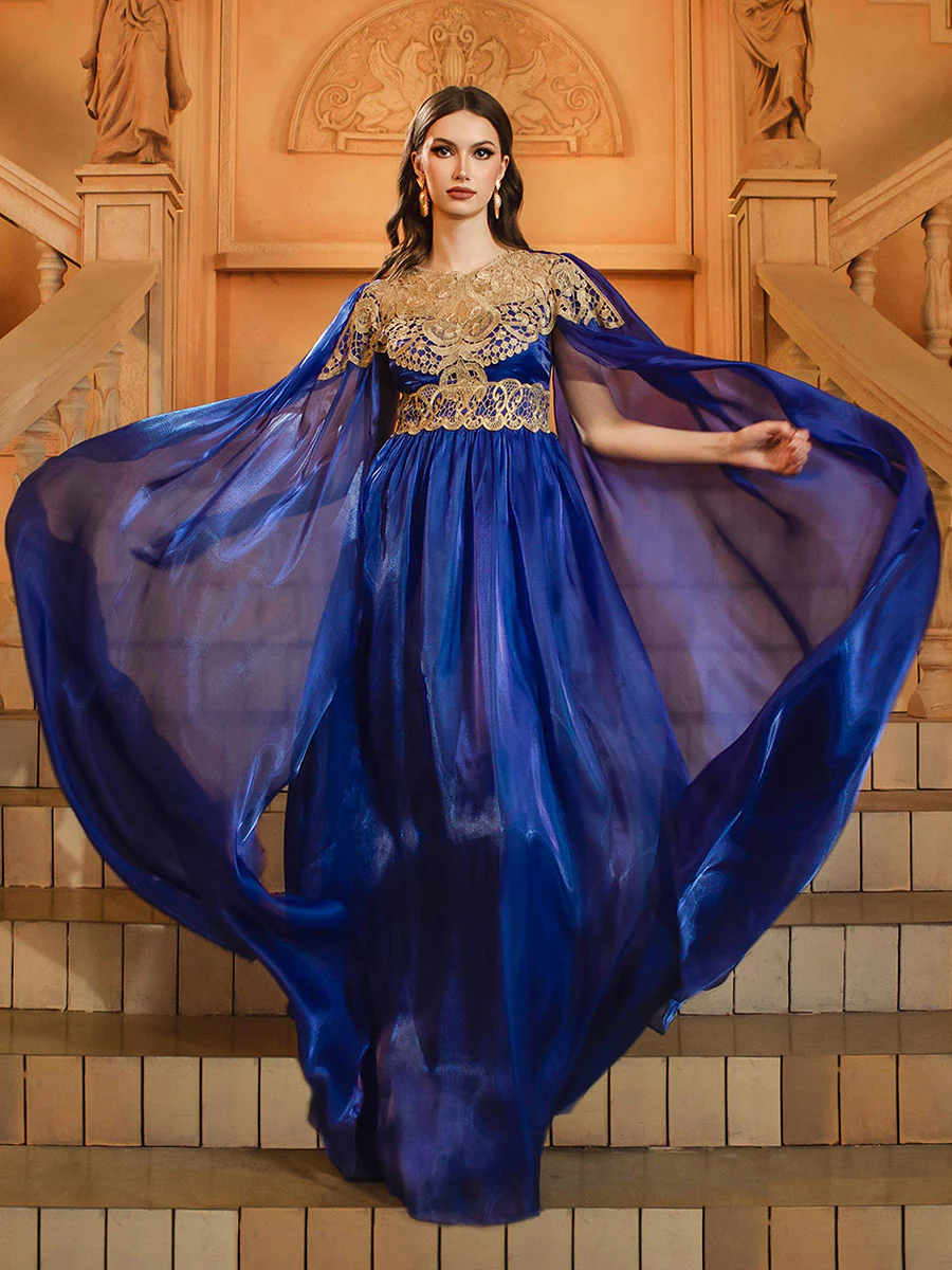 Blue Cape Sleeve Muslim Embroidered Dress DH80540