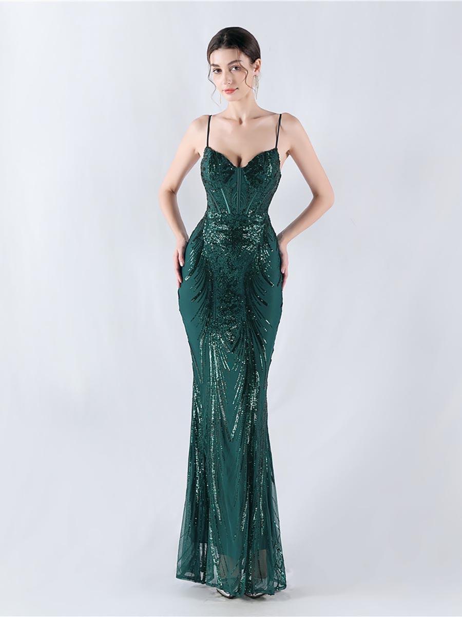 Spaghetti Blue Sequin Coset Prom Dress MYN1009