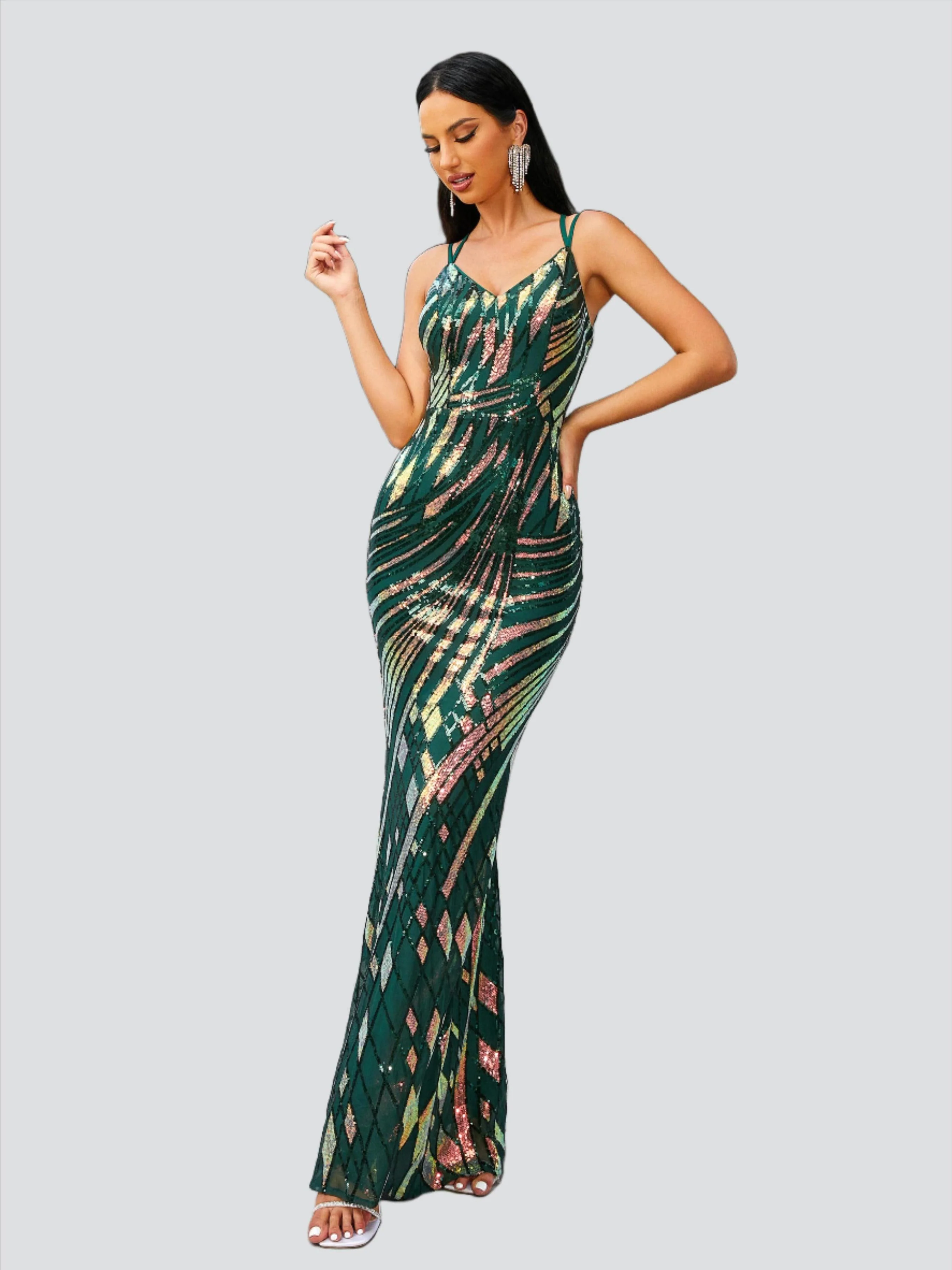 Spaghetti V-Neck Sleeveless Green Dress RH30653
