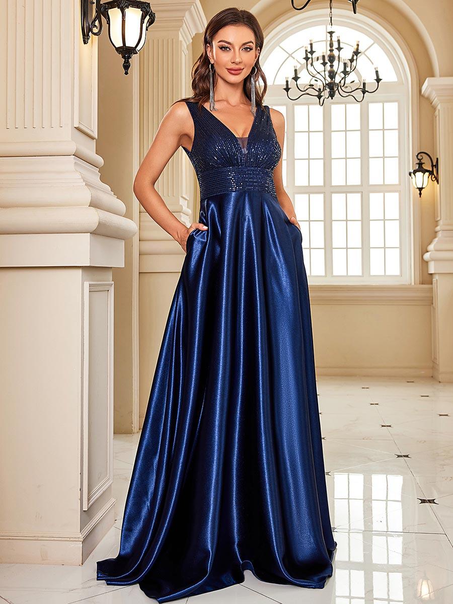 Blue V-neck Satin A-line Prom Dress MCC1234