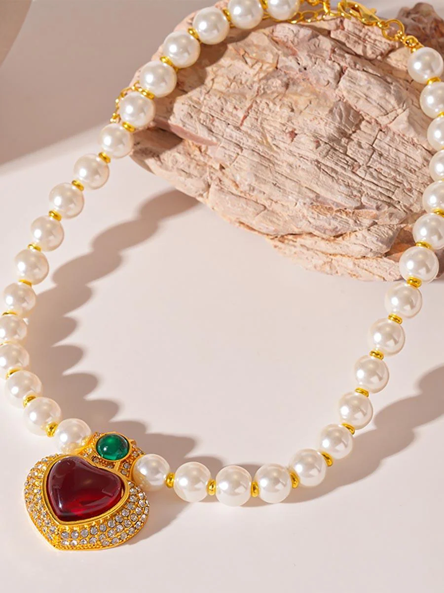 Retro Luxury Heart Rhinestone Beaded Necklace MSN12042