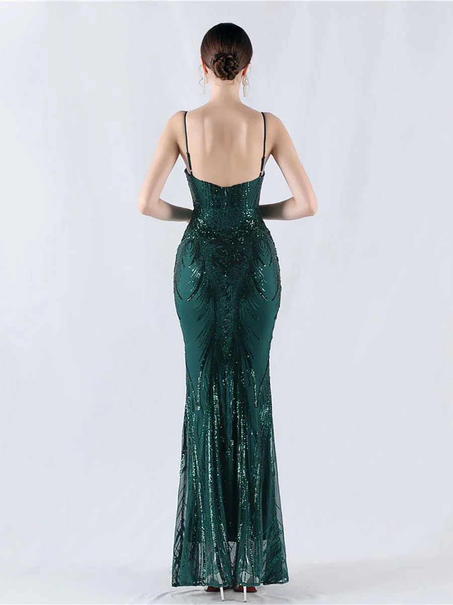 Spaghetti Blue Sequin Coset Prom Dress MYN1009