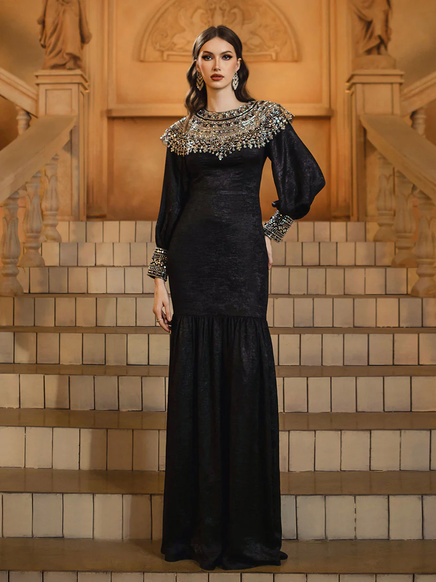Sequin Cape Collar Black Muslim Dress MES72143
