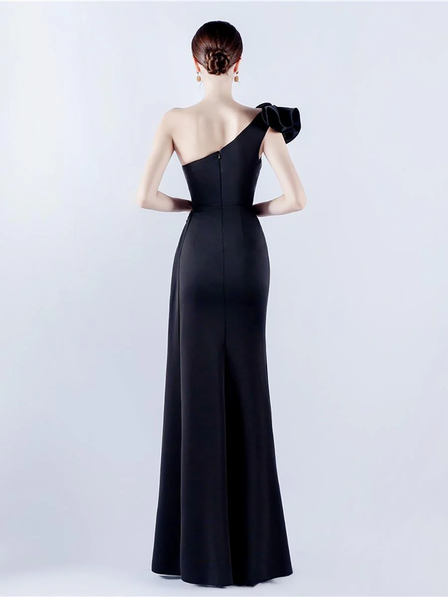 One Shoulder Flower Pleated Draped Prom Dress MYN1002