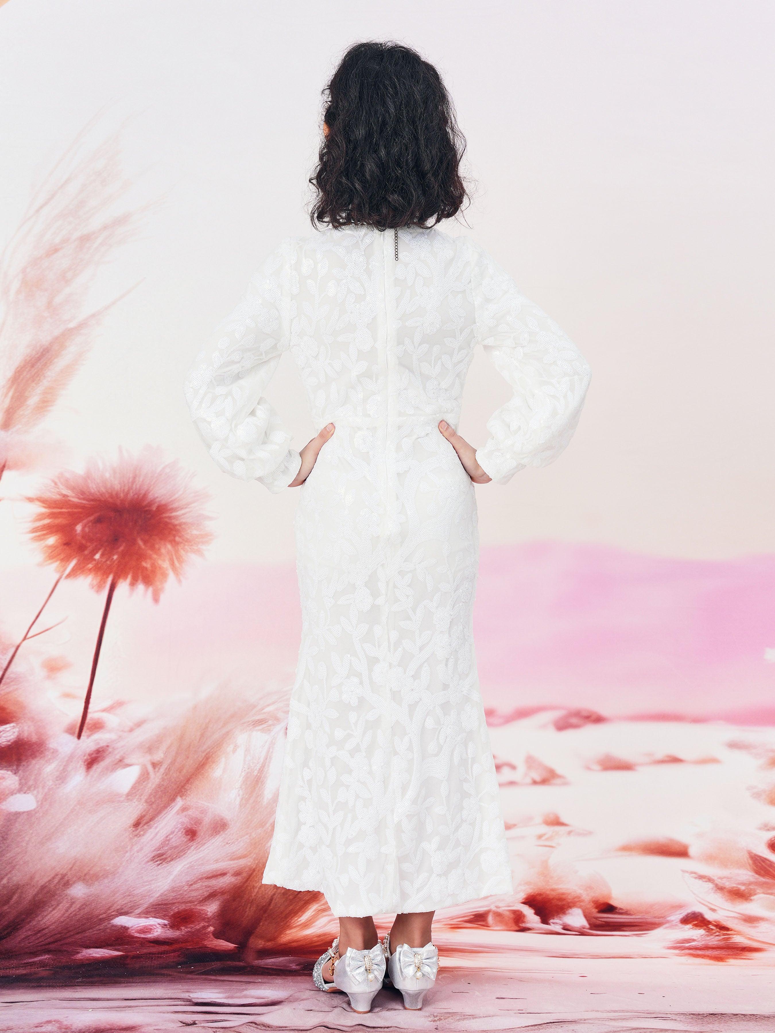 Girl White Long Sleeve Sequin Party Dress CM01207