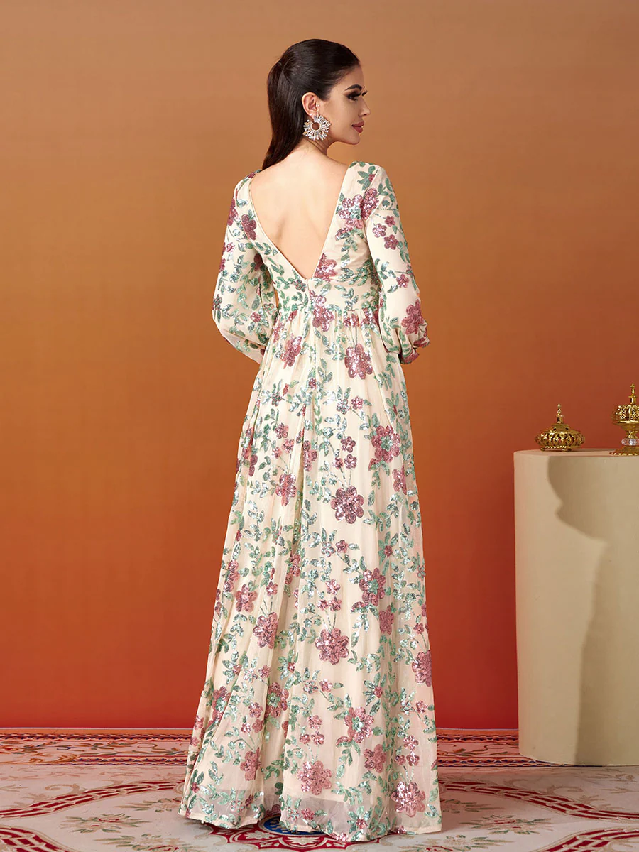 V-Neck Backless Tulle Apricot Prom Dress RJ10789