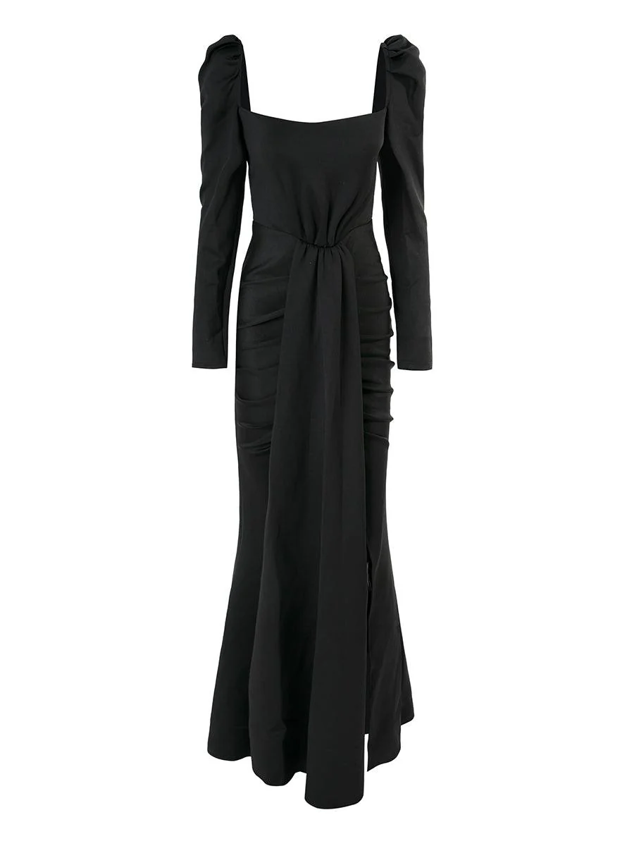 Puff Long Sleeve Split Black Mermaid Prom Dress XJ979