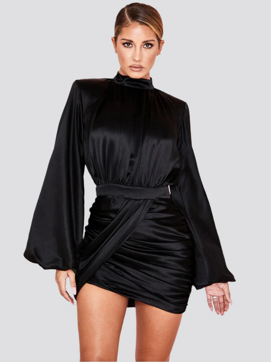 Stand Collar Ruched Ballon Sleeve Mini Dress MCW1200