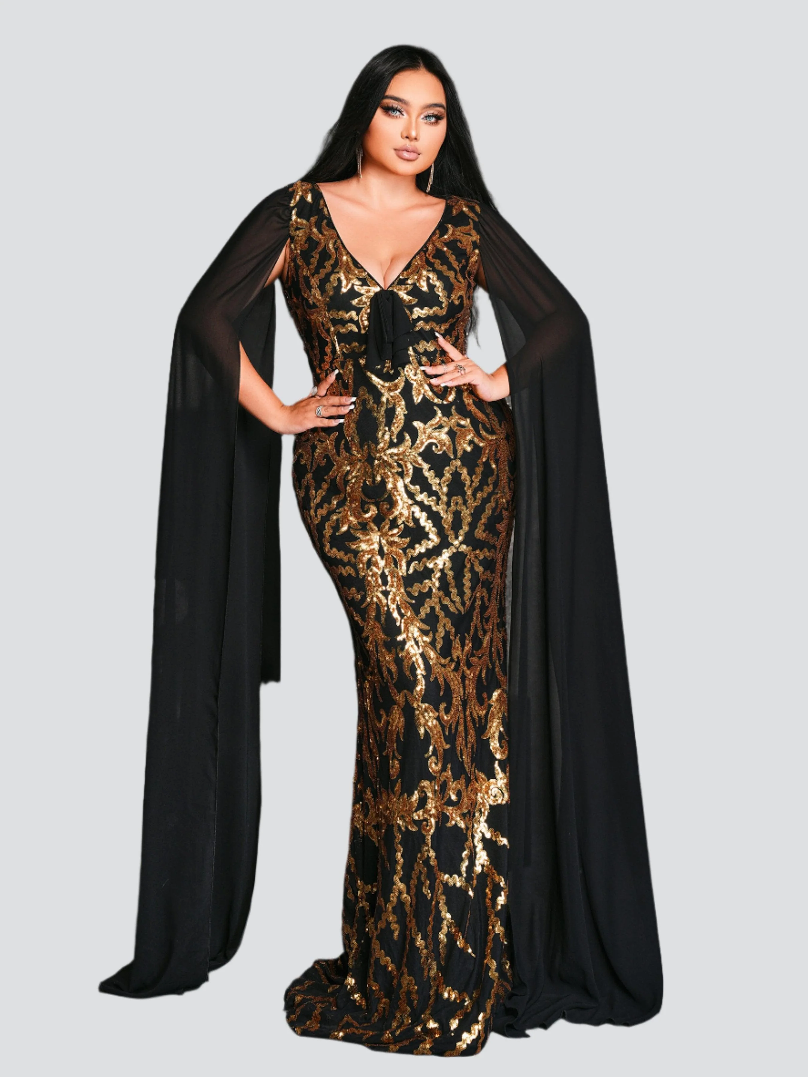 Plus V-neck Cape Sleeve Formal Dress PRX70124