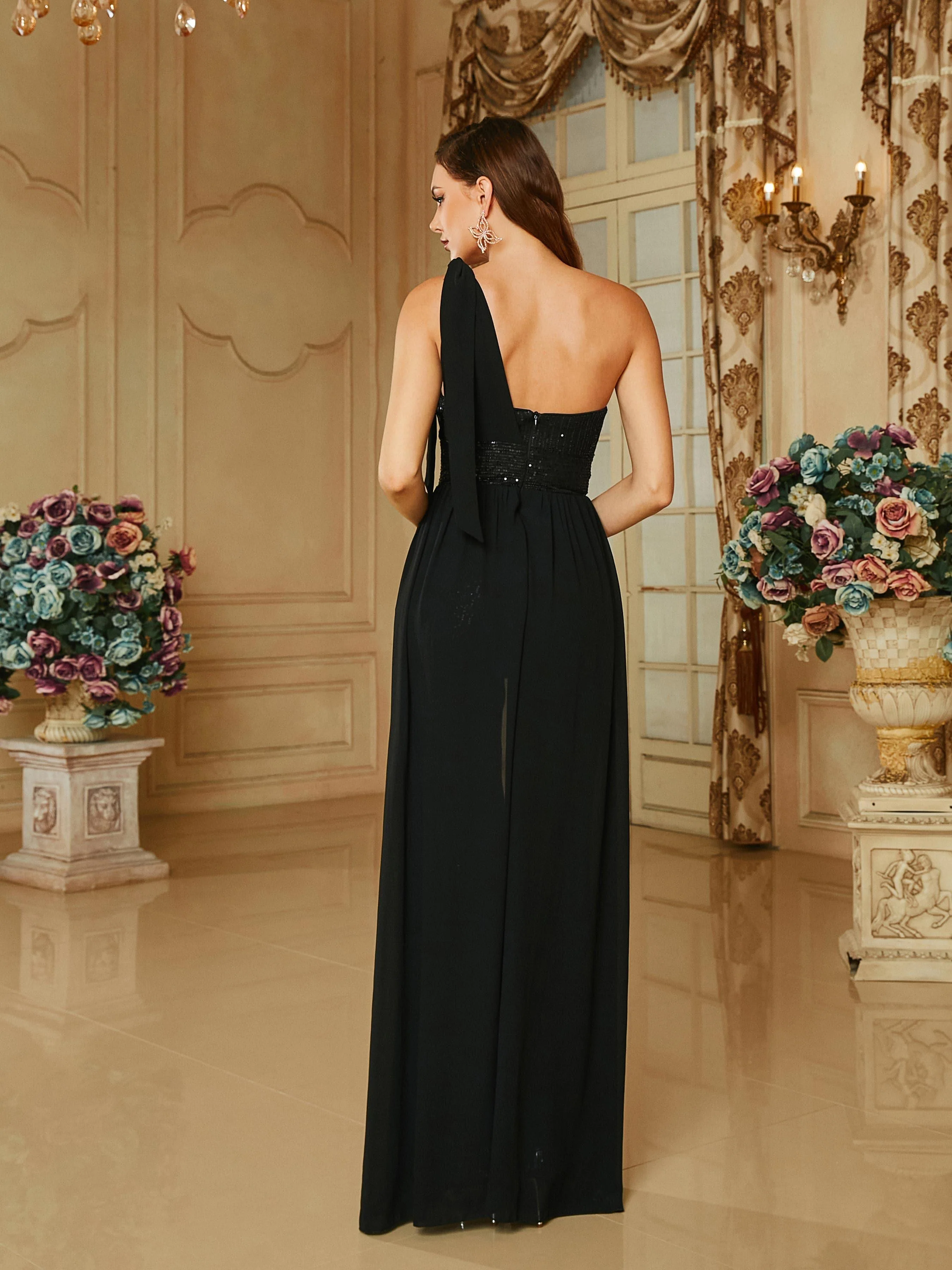 One Shoulder Sequin Ribbon Black Casual Jumpsuits RA60134