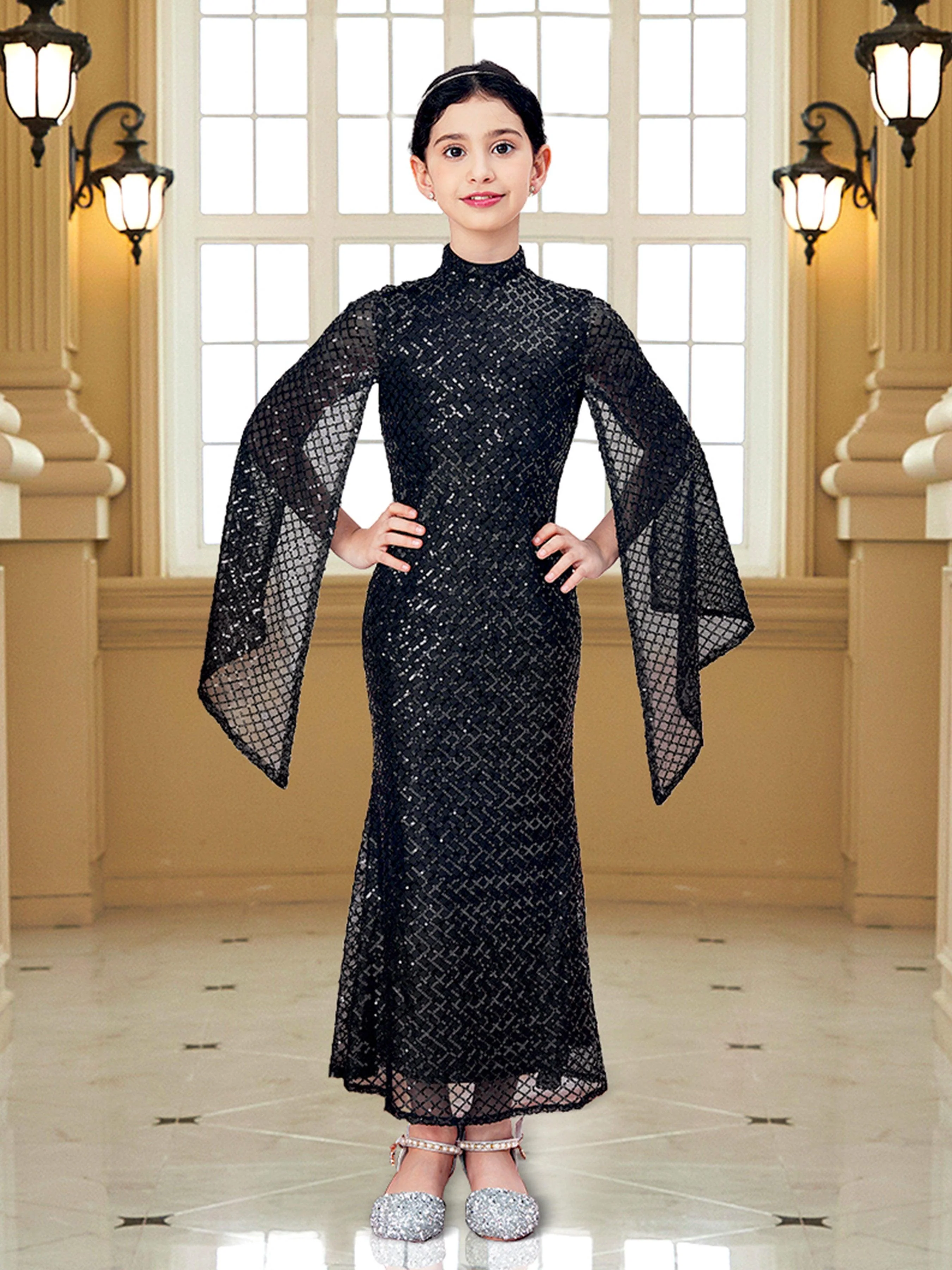 Teen Girl Cape Sleeve Black Dress CXJ1263