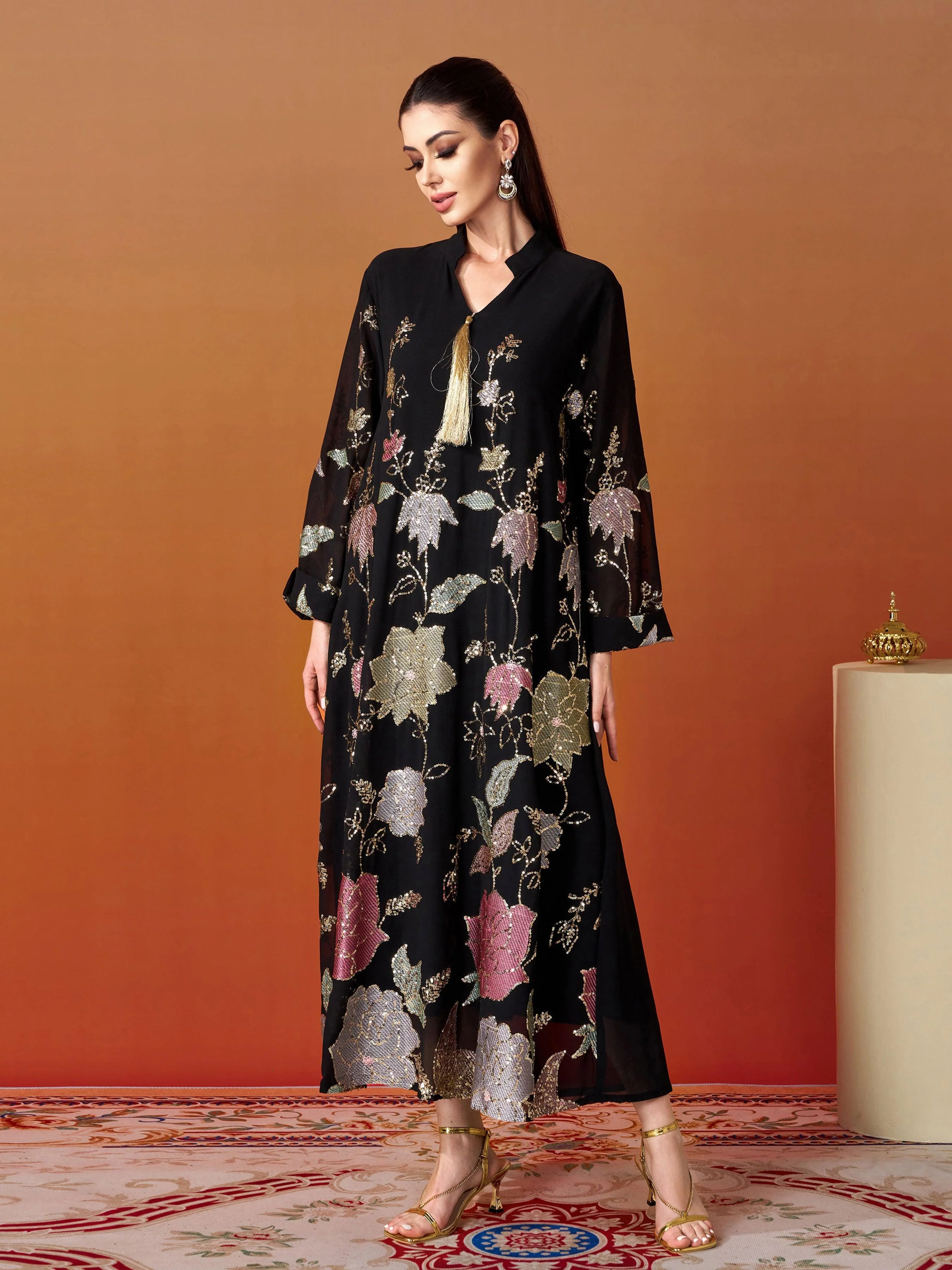 Embroidered Sequin Floral Muslim Dress MES00407