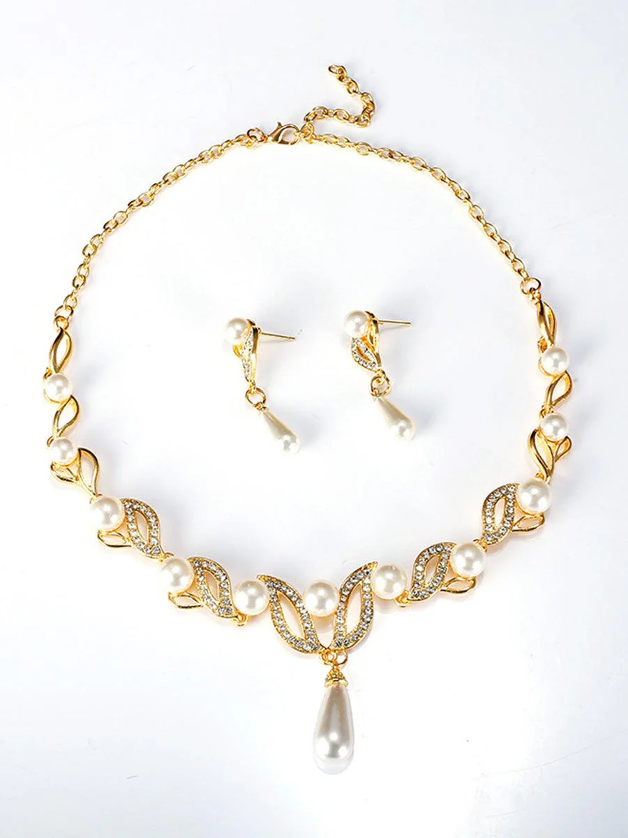 Teardrop Pearl Necklace Earrings Gold Set MRL20001