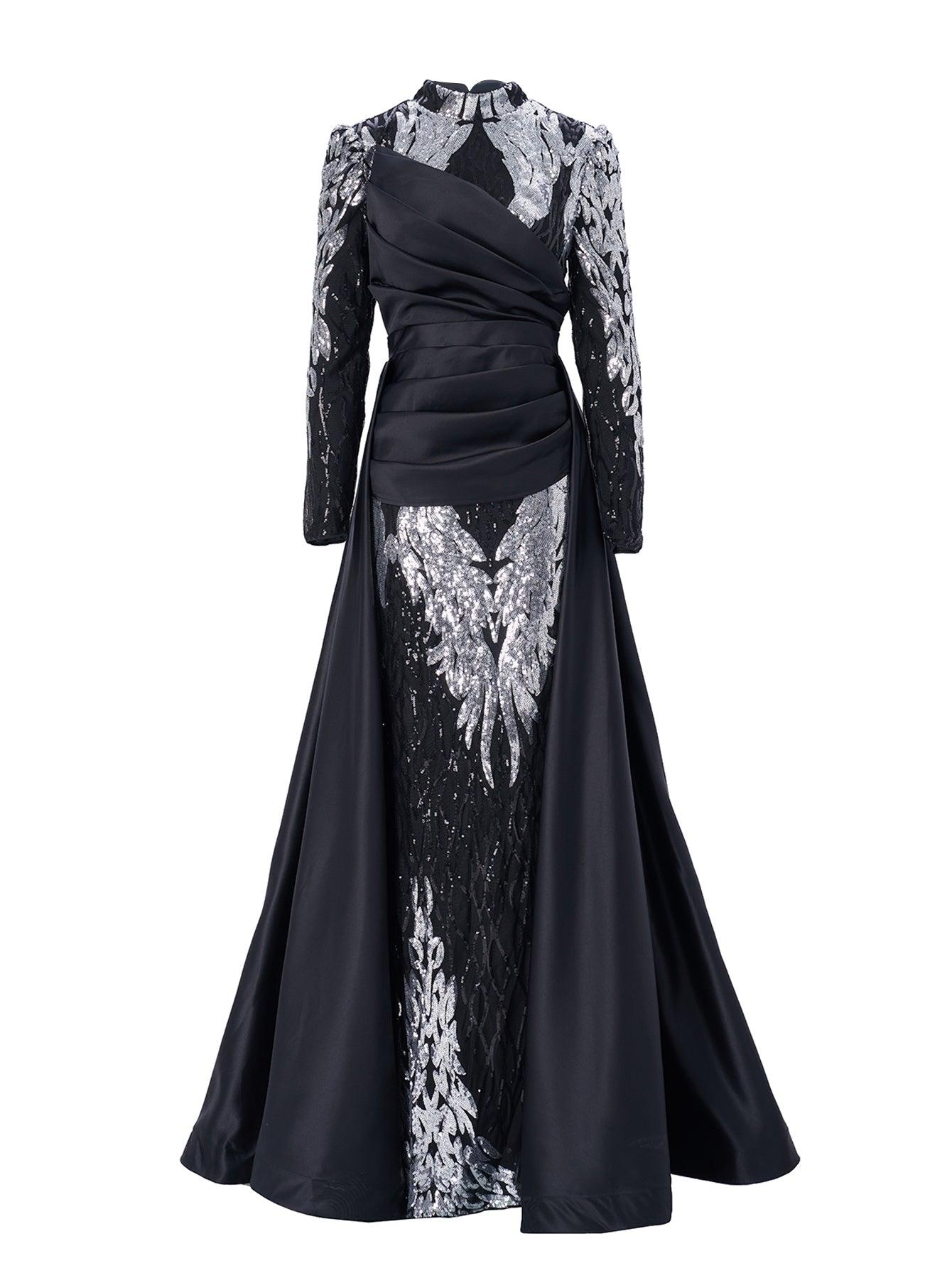 Stand Collar Fold Satin Sequin Dress MES00579