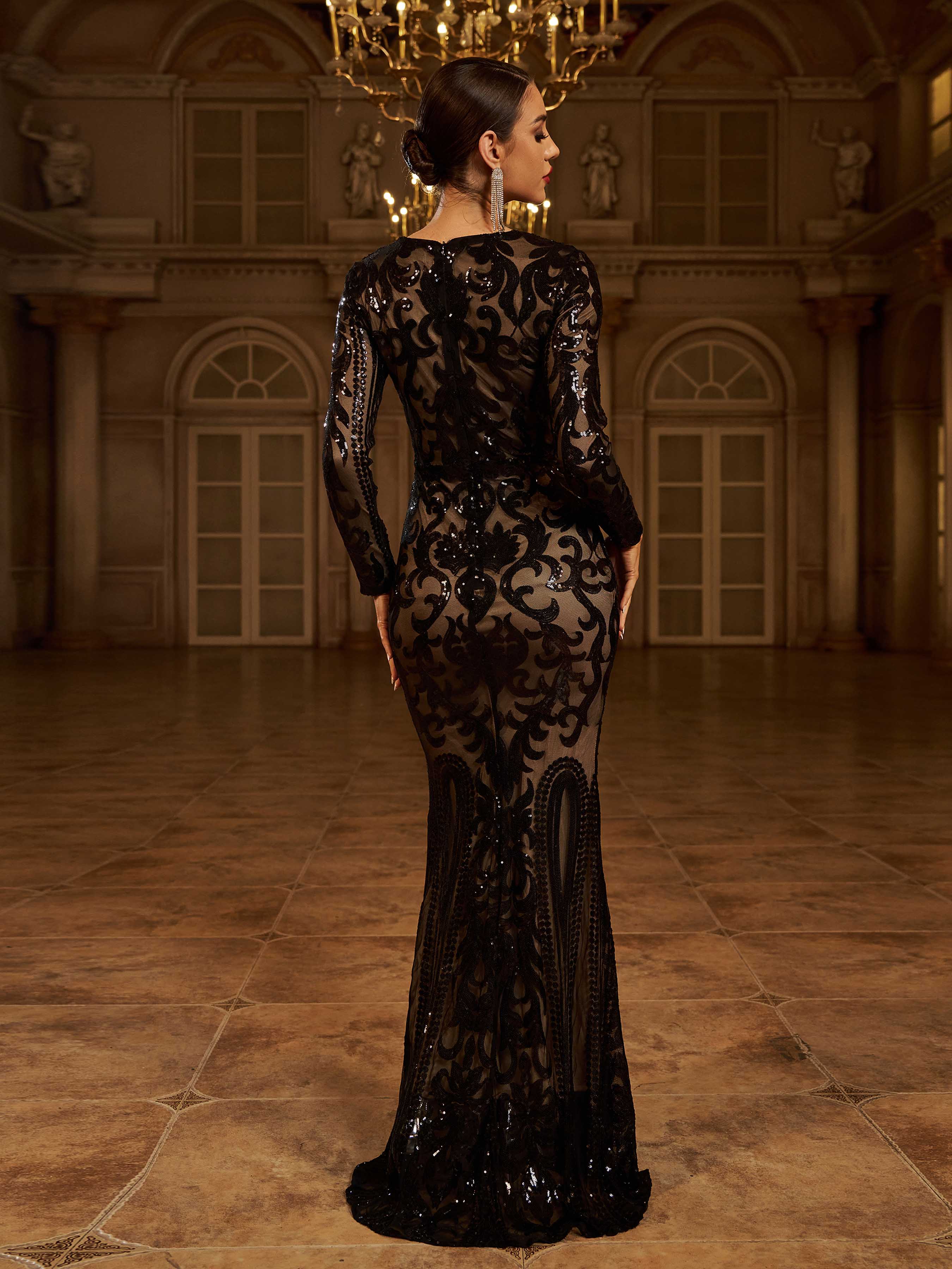 Long Sleeve Sequin Formal Dress FT8578