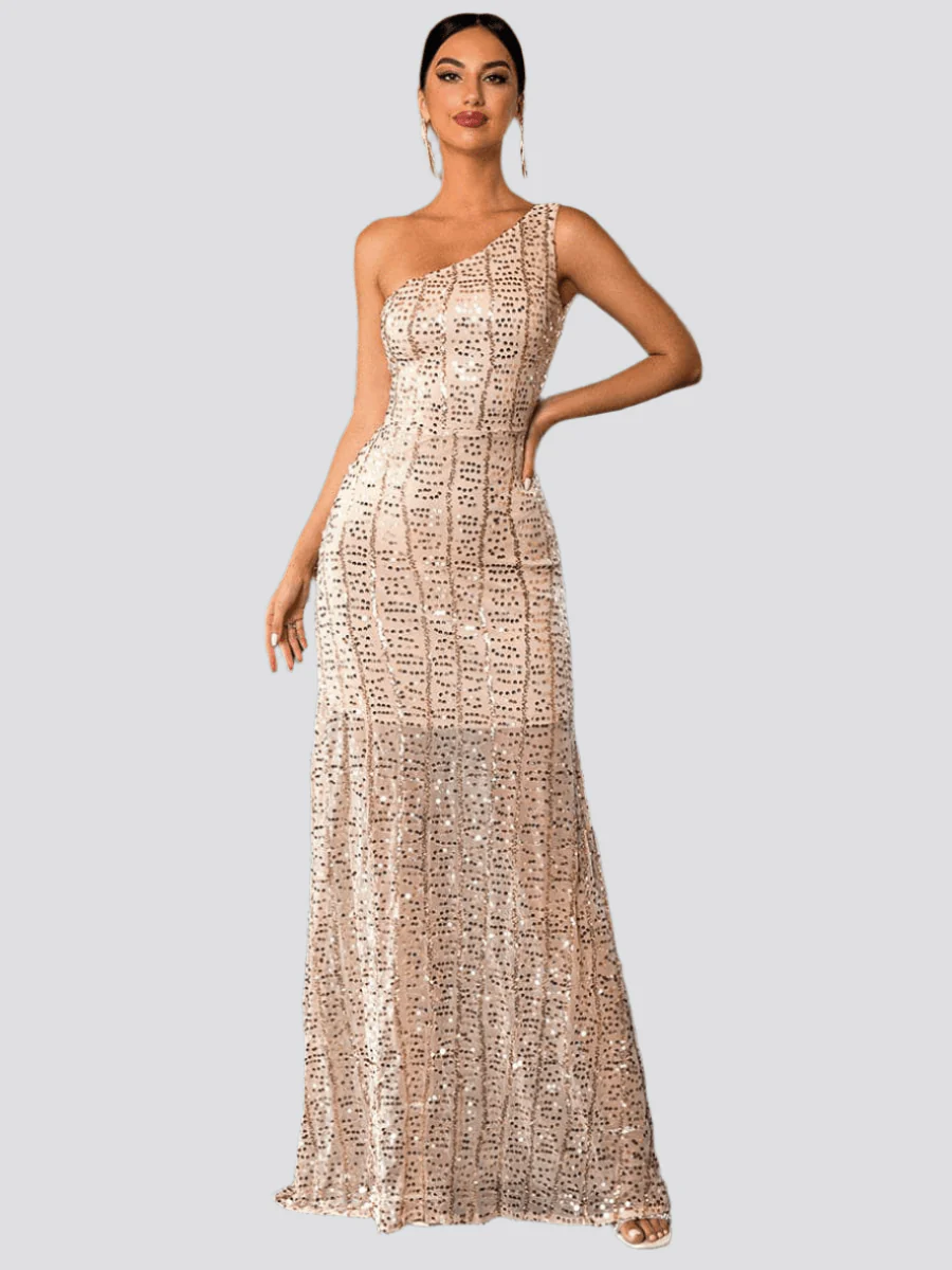 One Shoulder Sequins Maxi Prom Dress M0859