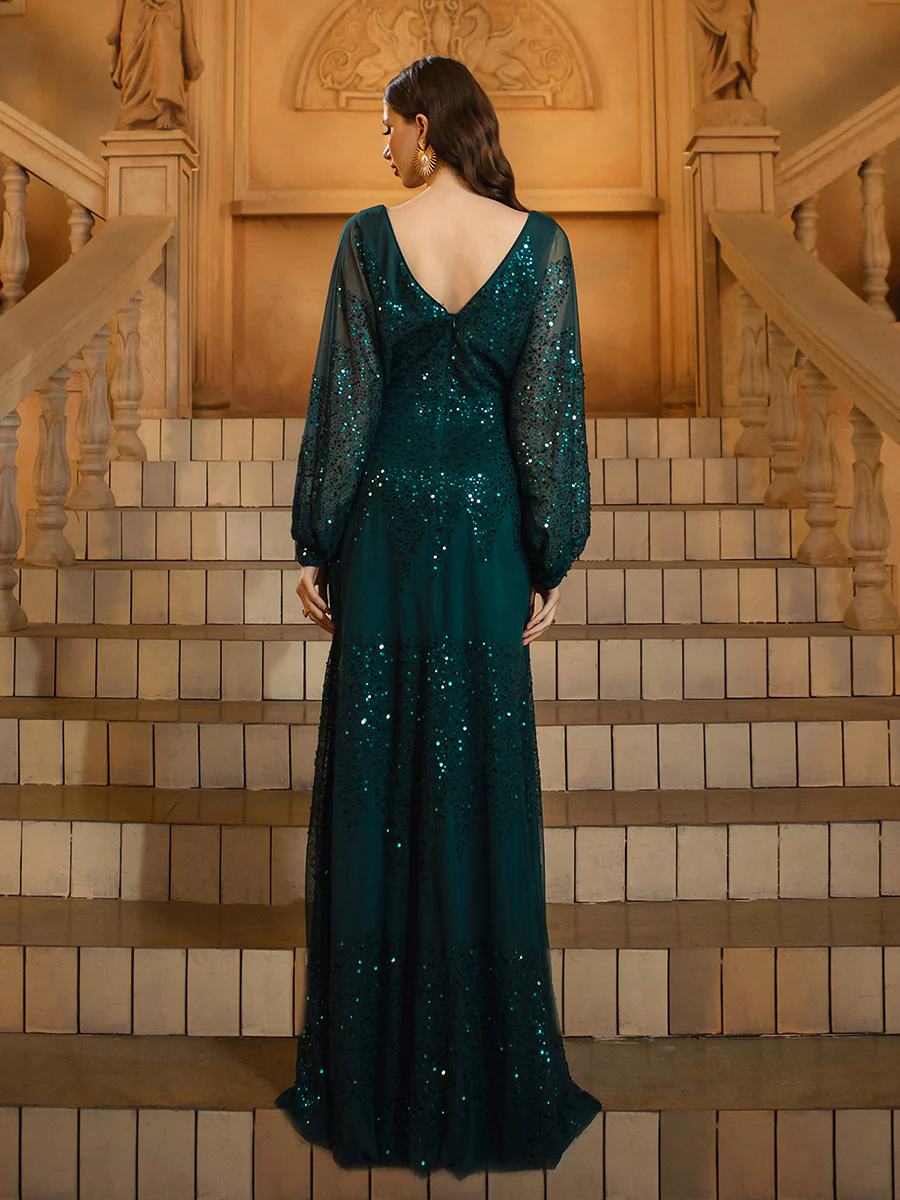 Lantern Sleeve V-Neck High Split Black Prom Dress RM21107