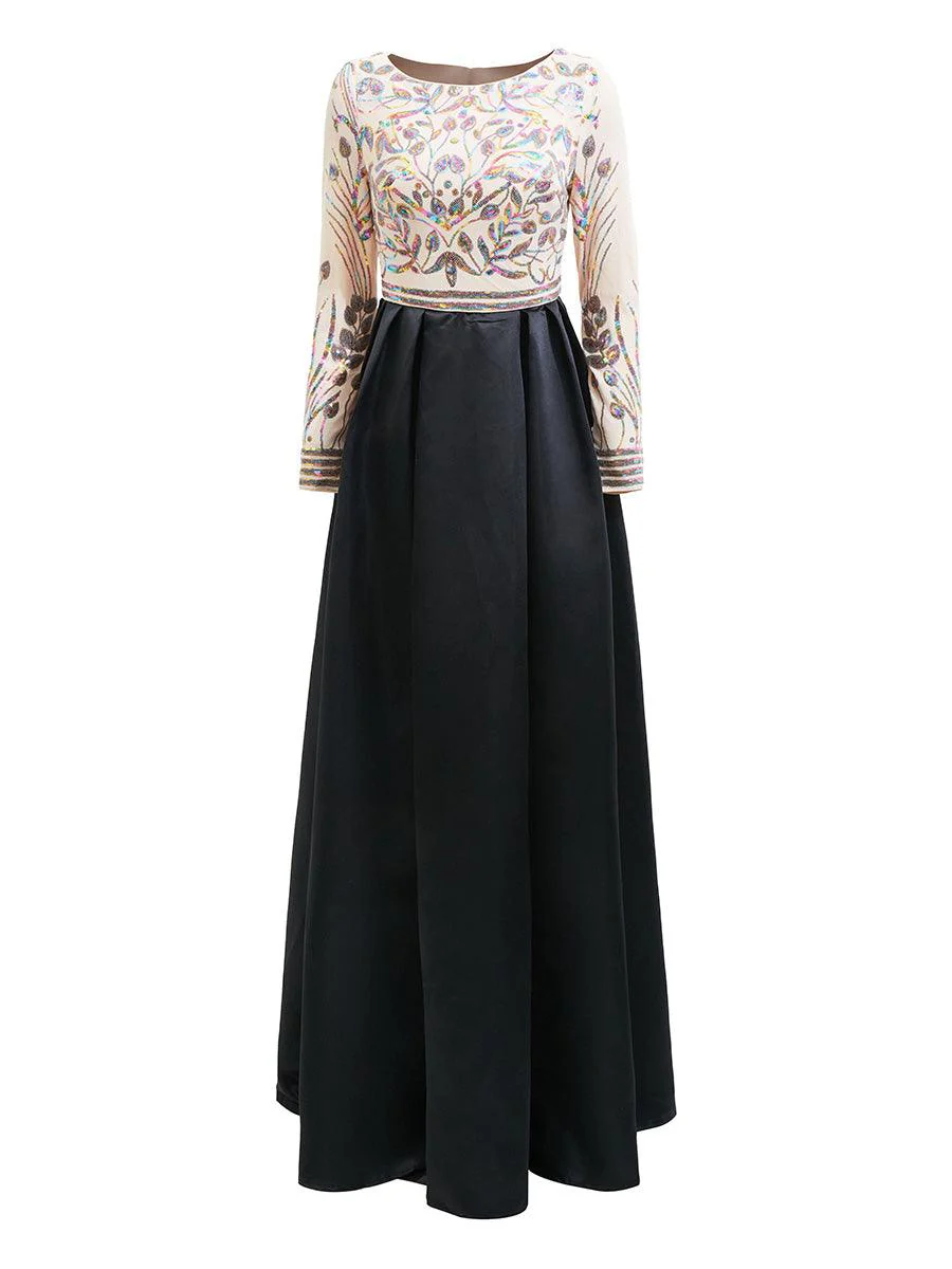 Formal A-Line Satin Panel Black Ball Gown RM20428