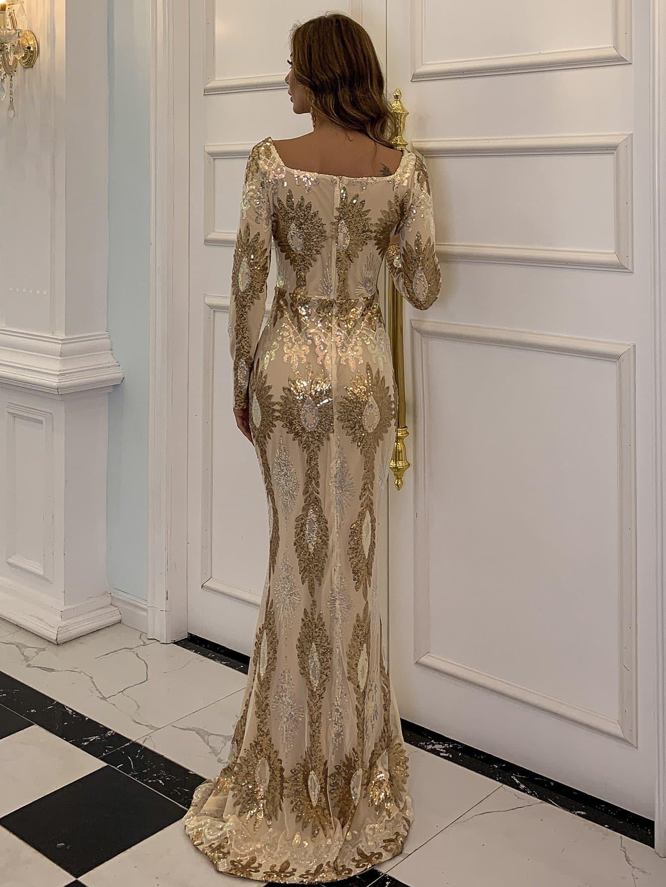 Square Neck Geo Sequin Golden Dress M0870