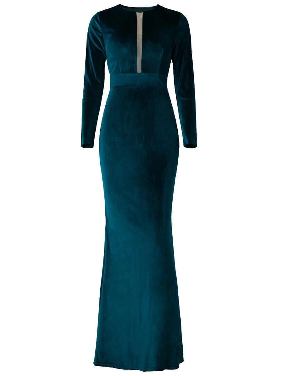 Long Sleeve Velvet Green Evening Dress XJ940