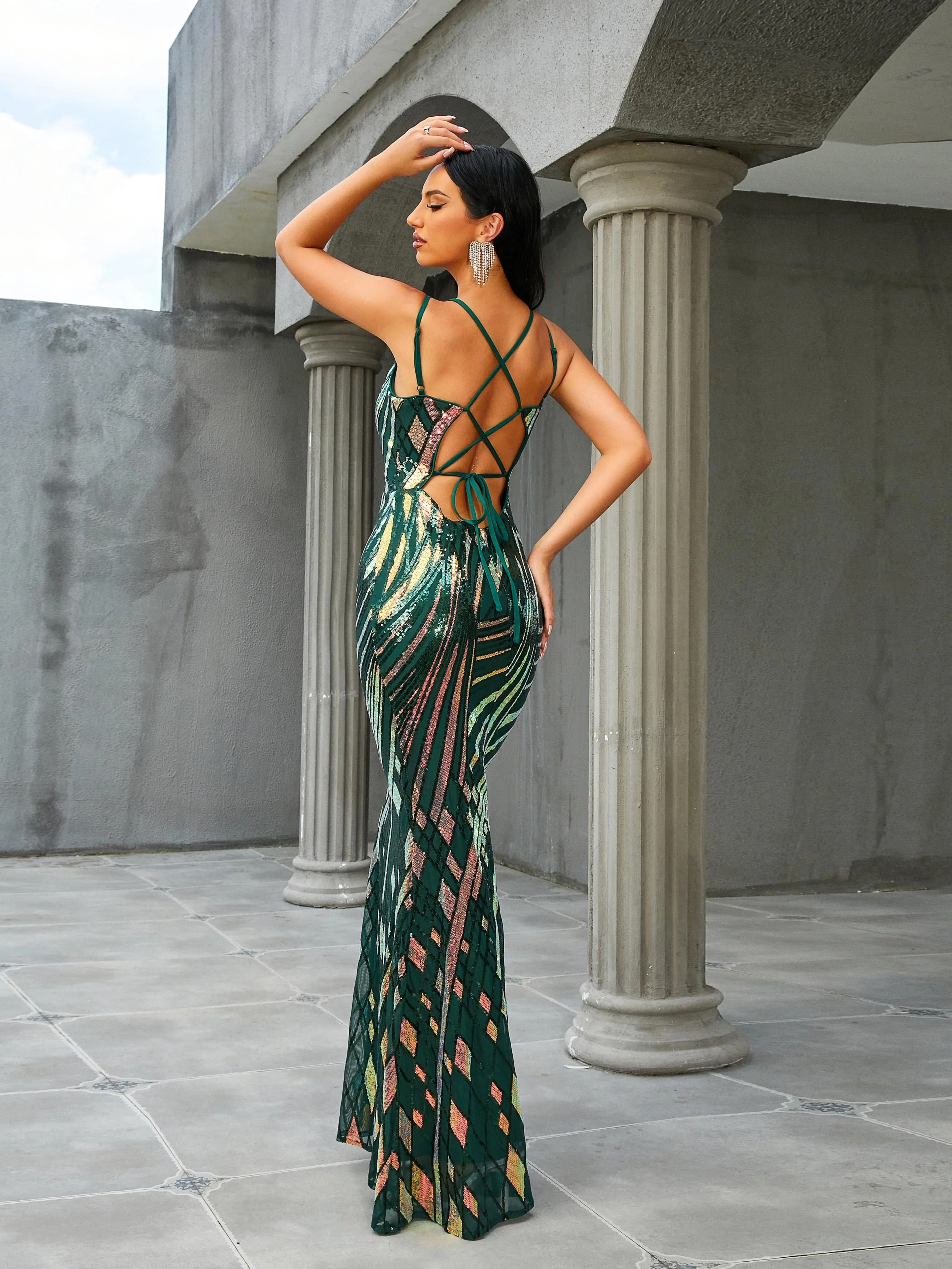Spaghetti V-Neck Sleeveless Green Dress RH30653