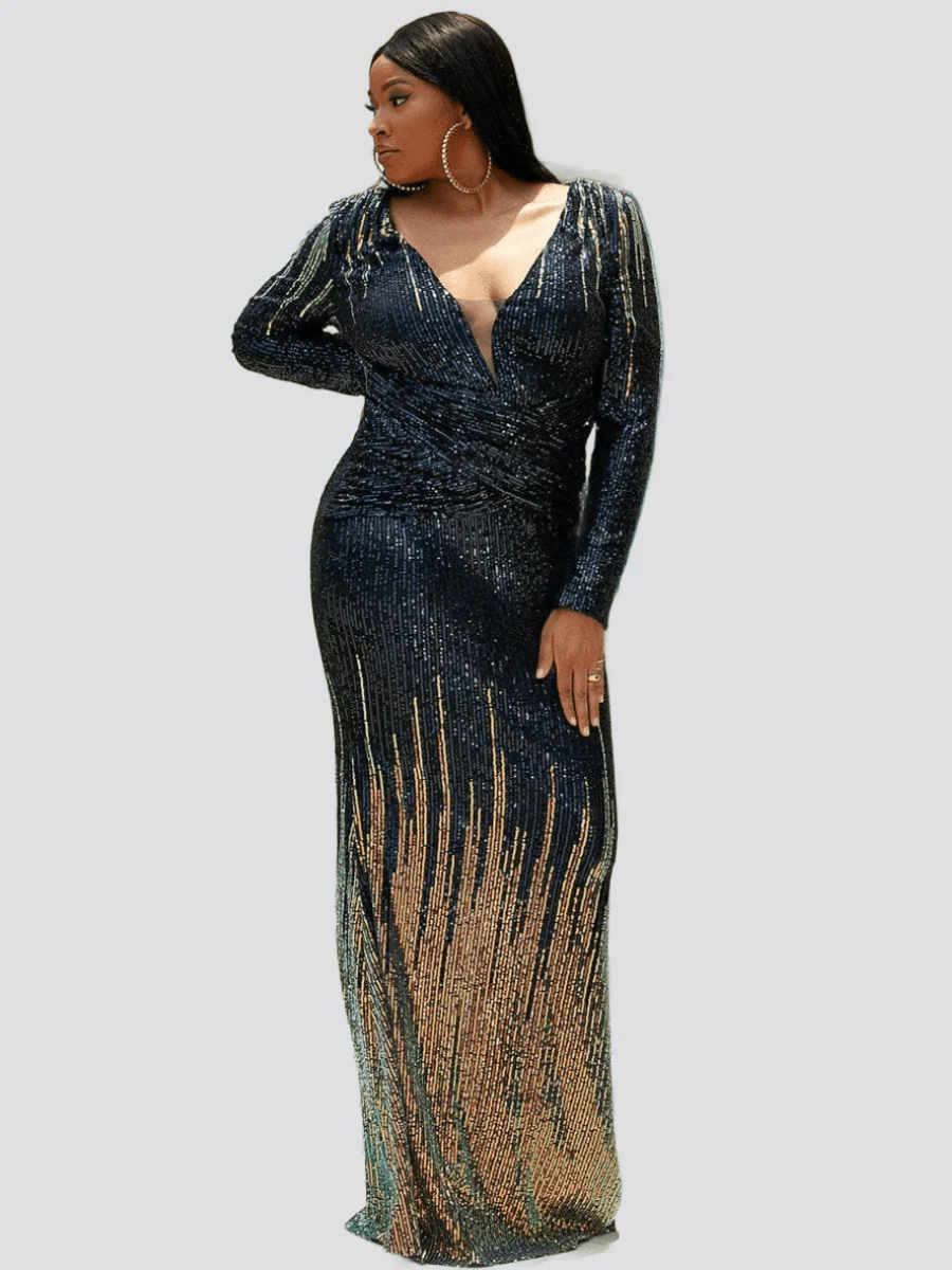 Plus Size V Neck Maxi Sequin Blue Evening Dress P0365