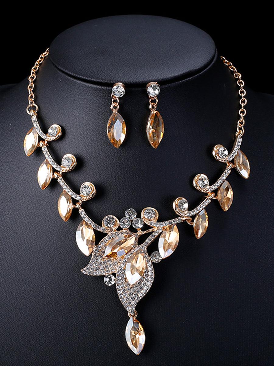 Vintage Leaf Crystal Necklace Earrings Set MRL20002