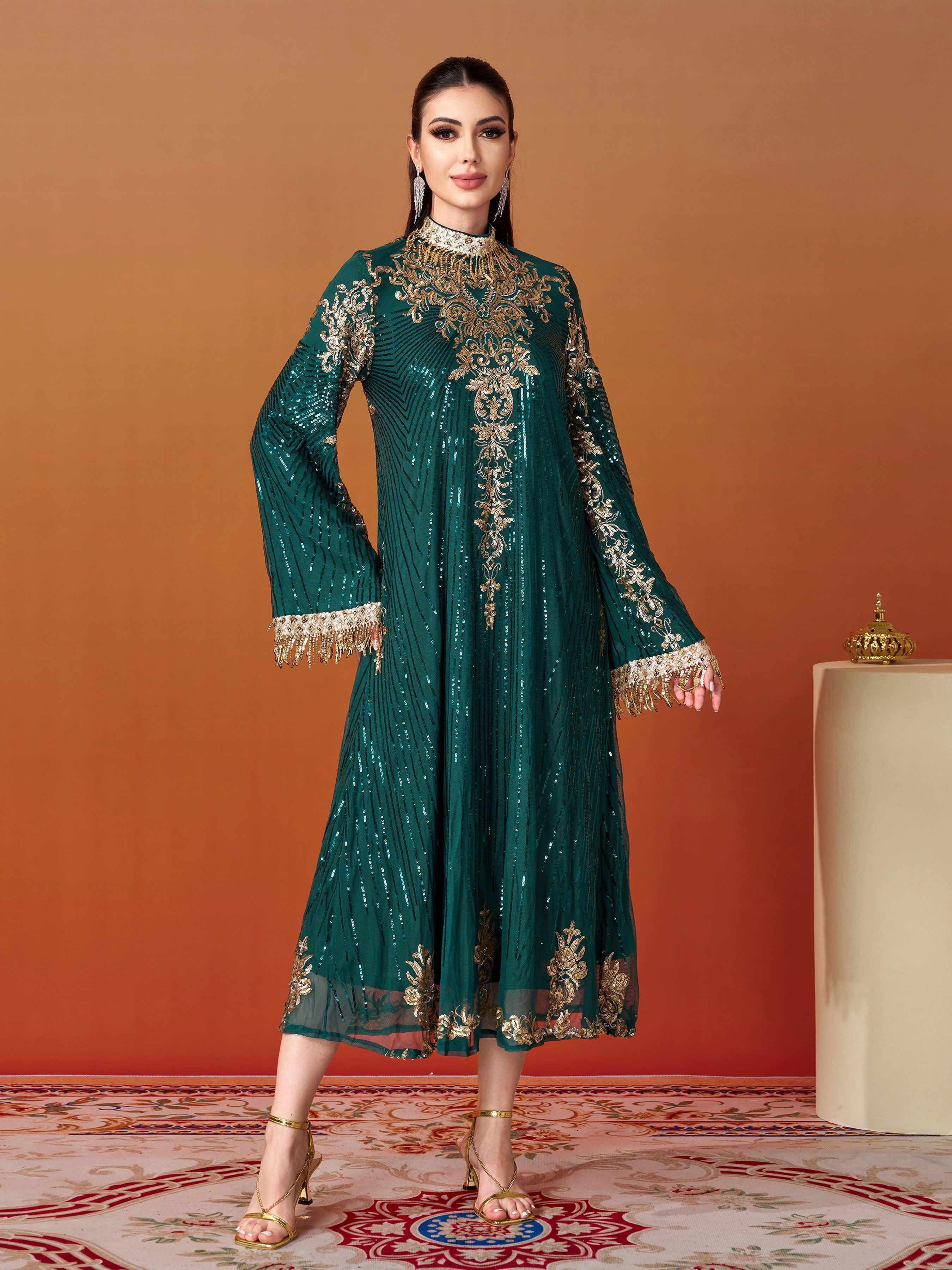 Stand Collar Bell Sleeve Sequin Dress MES00344