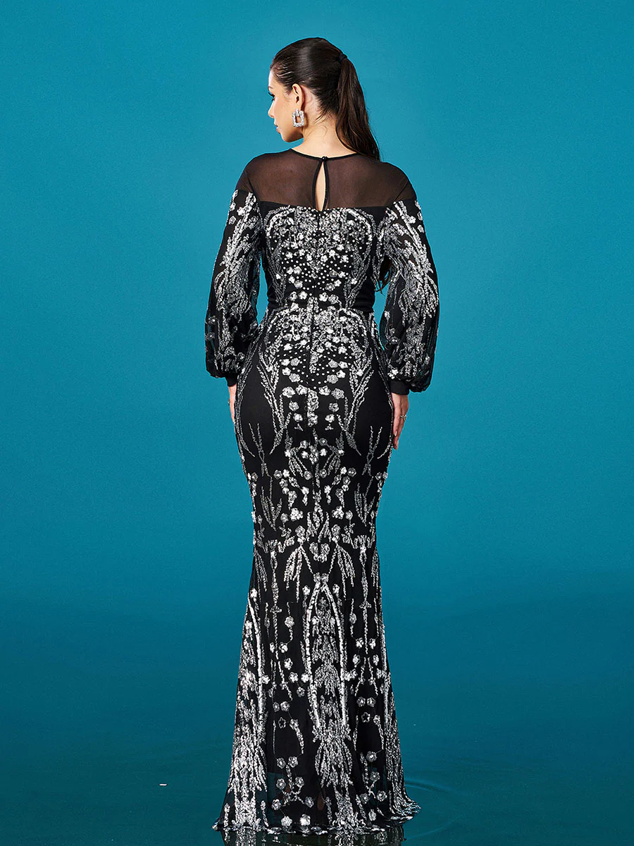 Ballon Sleeve Floral Sequin Mermaid Formal Dress GM00647