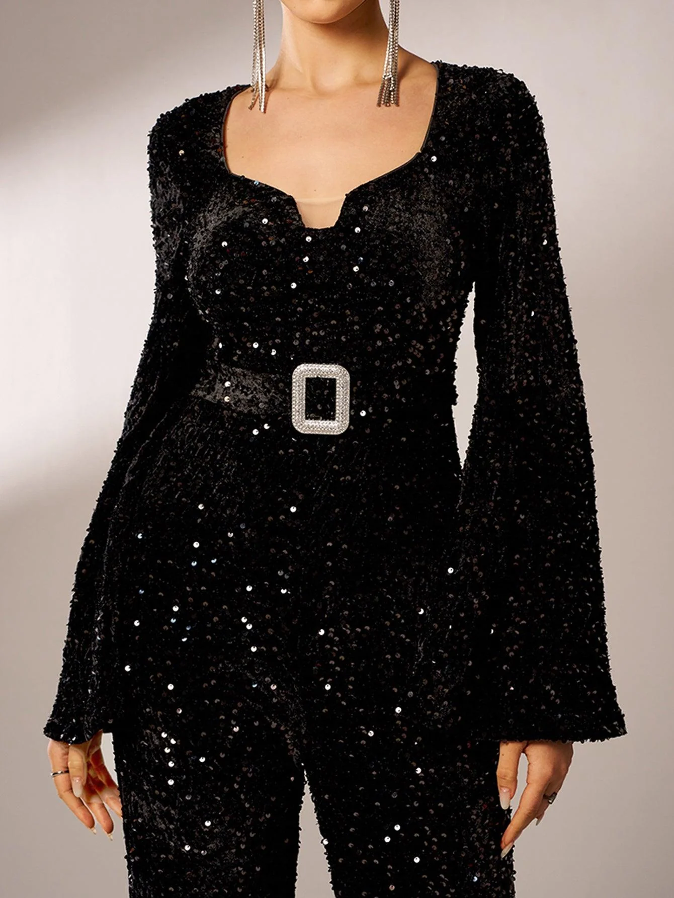 Long Sleeve V Neck Sequin Jumpsuit GM00622
