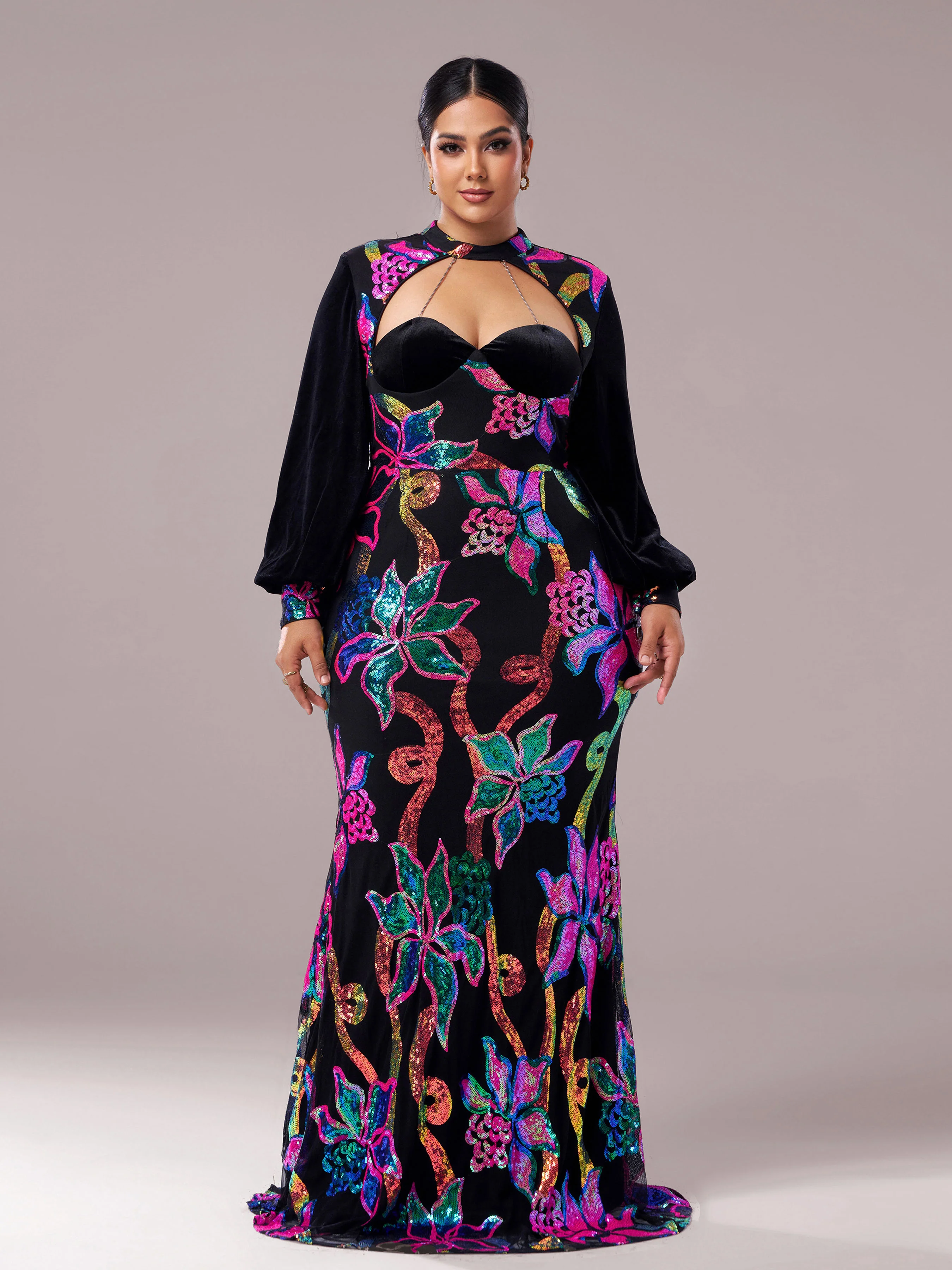 Plus Cutout Lantern Sleeve Mermaid Dress PRJ11296