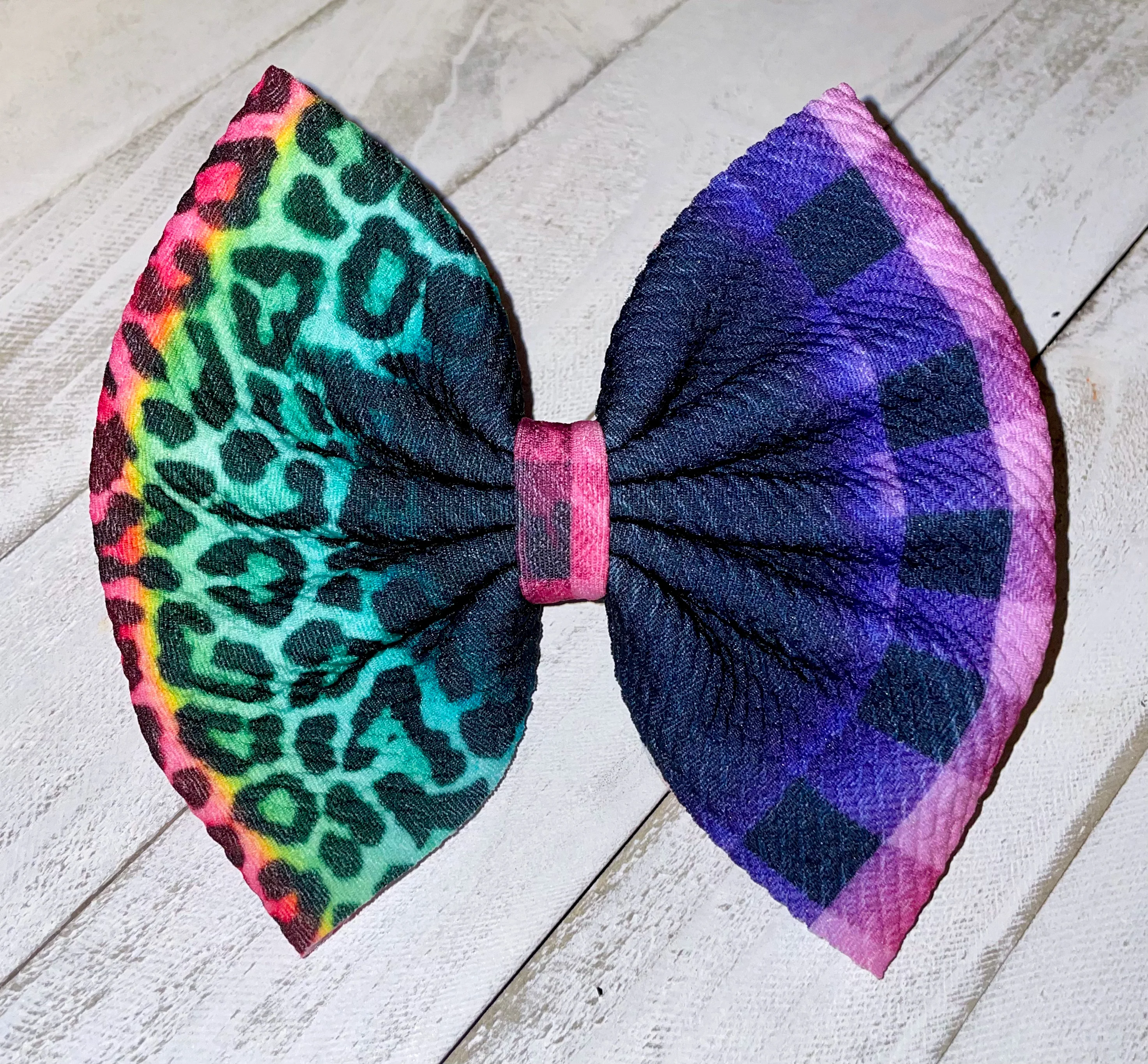 Rainbow Cheetah and Plaid Fabric Bow