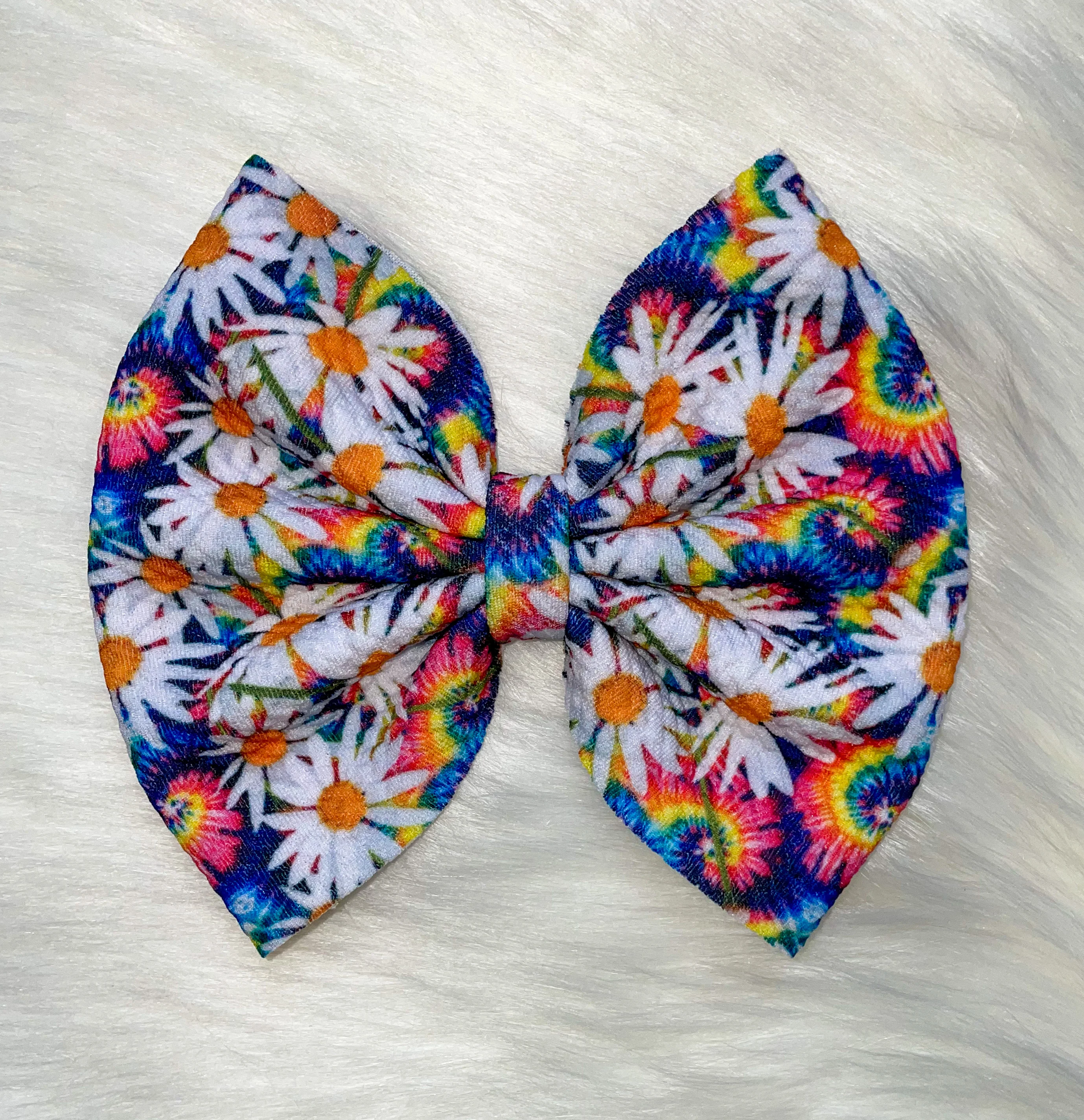 Rainbow Tie Dye & Daisies Fabric Bow