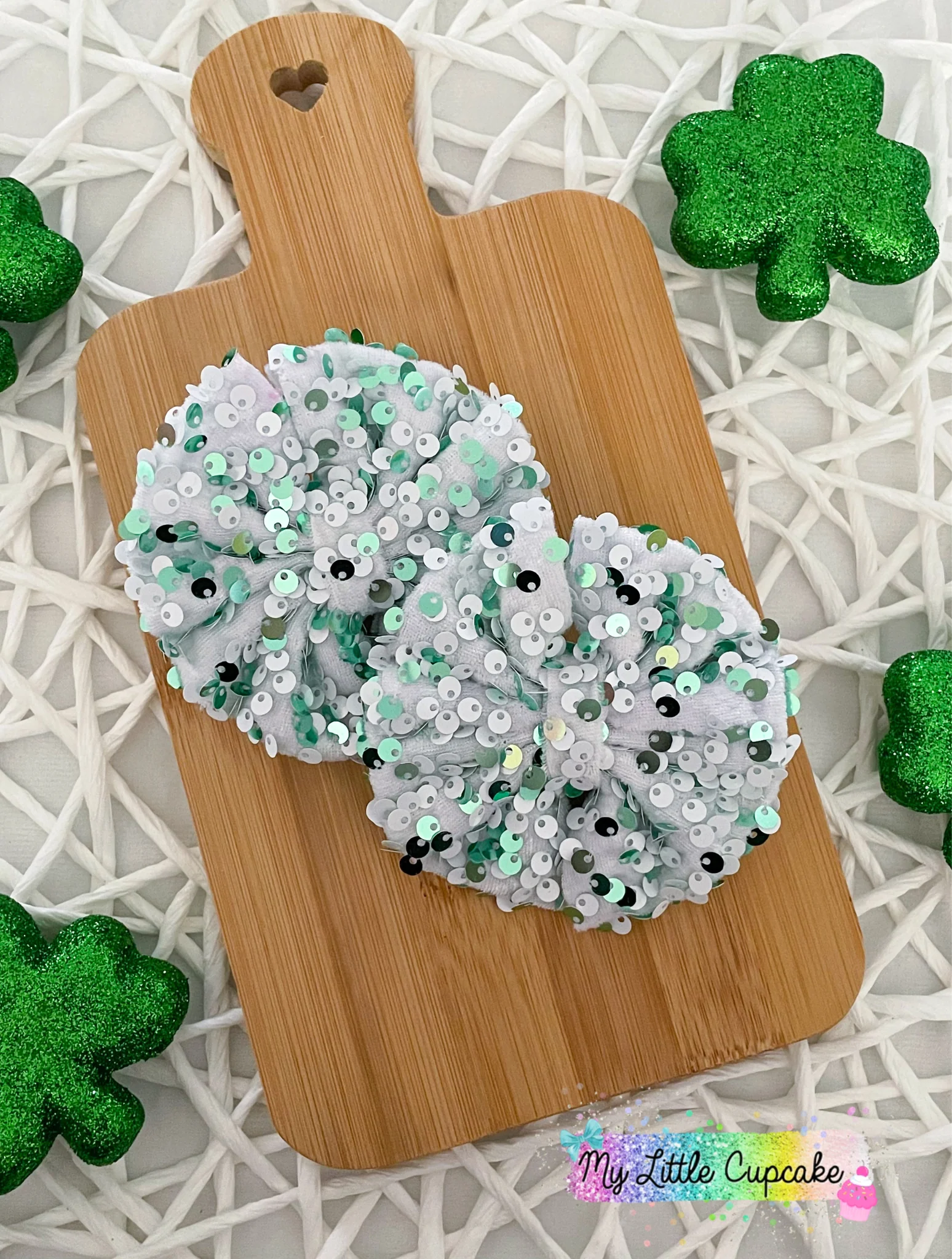 Mint & White Sequin Fabric Bows