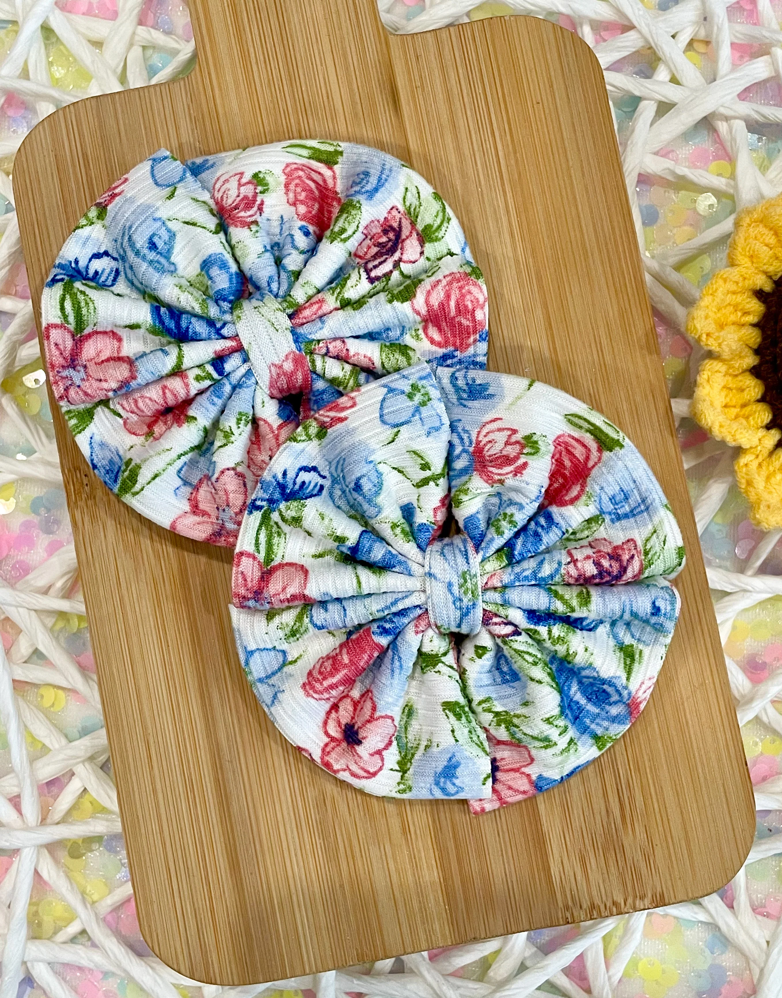 Blue & Coral Floral Ribbed Fabric