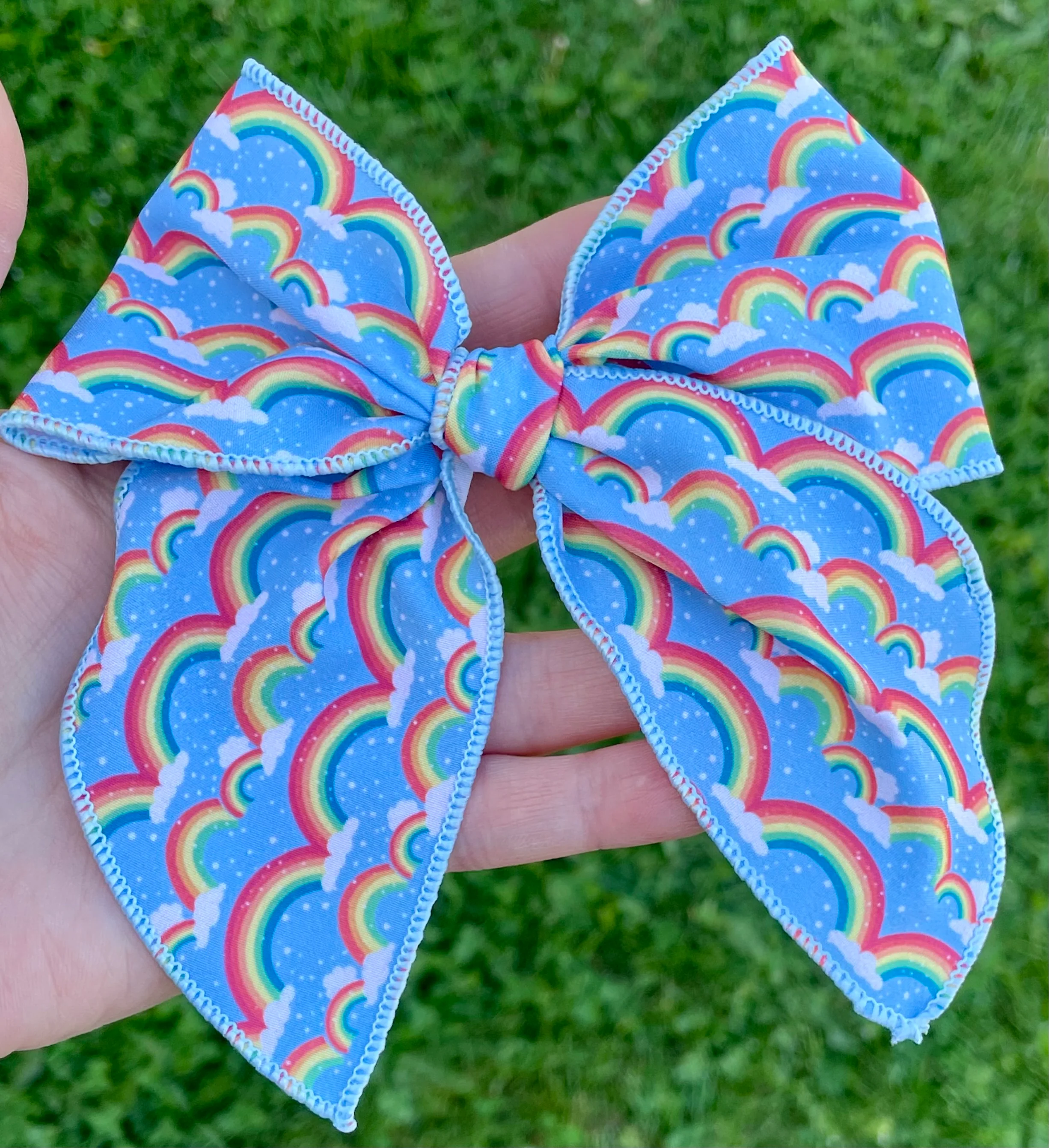 Sky Blue Rainbows 4.5in Serged Hand Tied