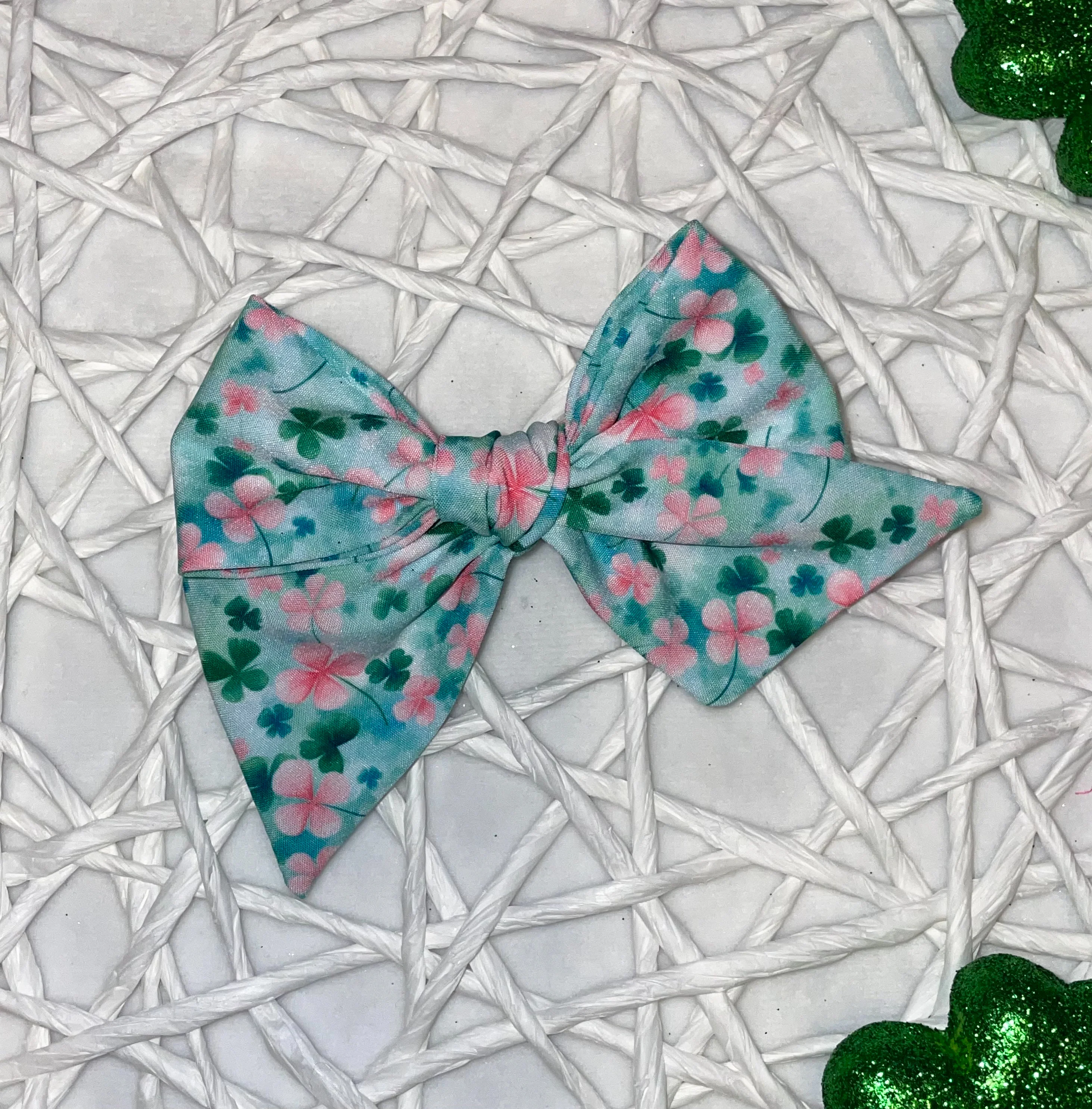 Pink & Green Clovers 5in Hand Tied