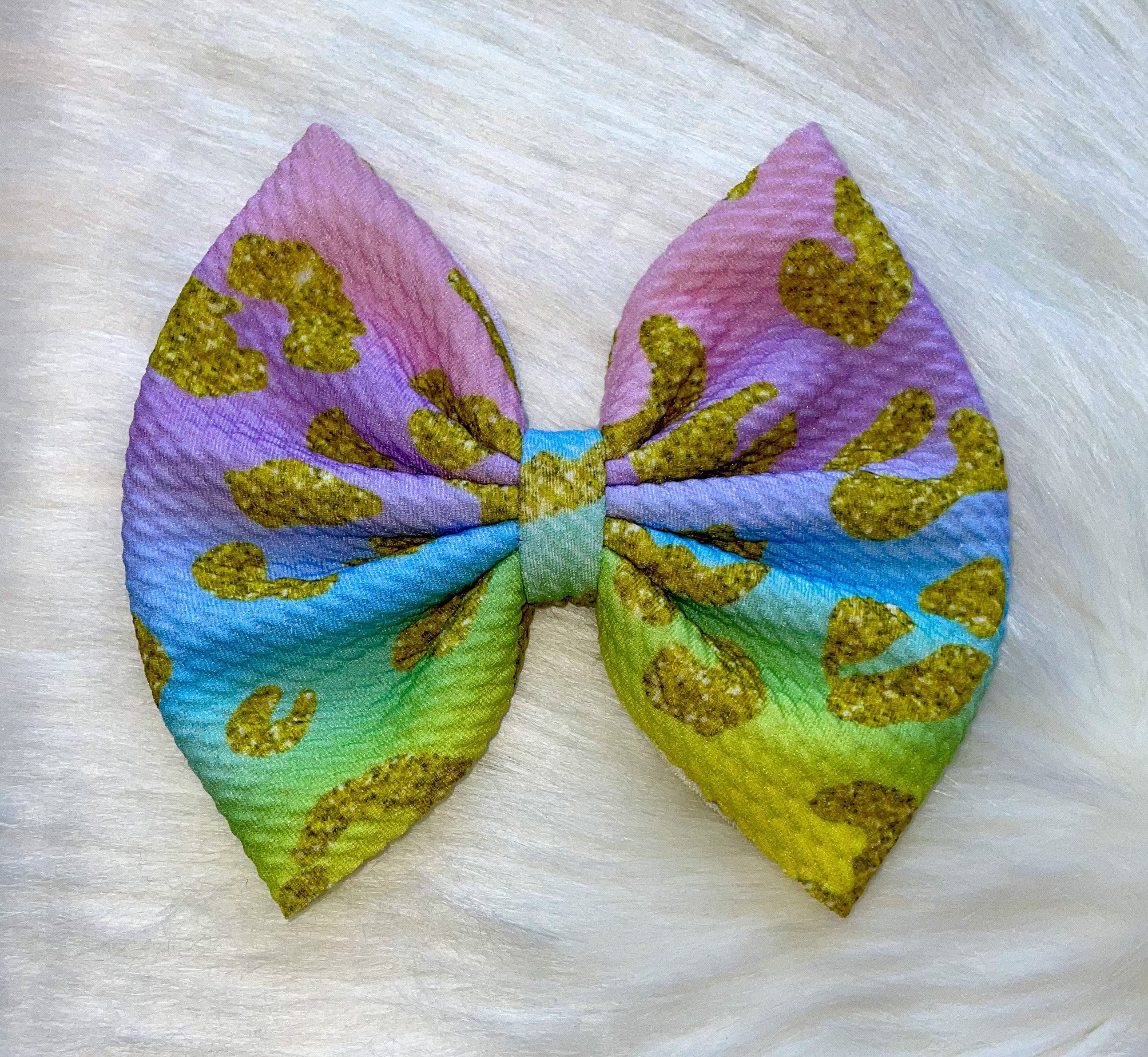 Pastel Rainbow Leopard and Gold Fabric Bow