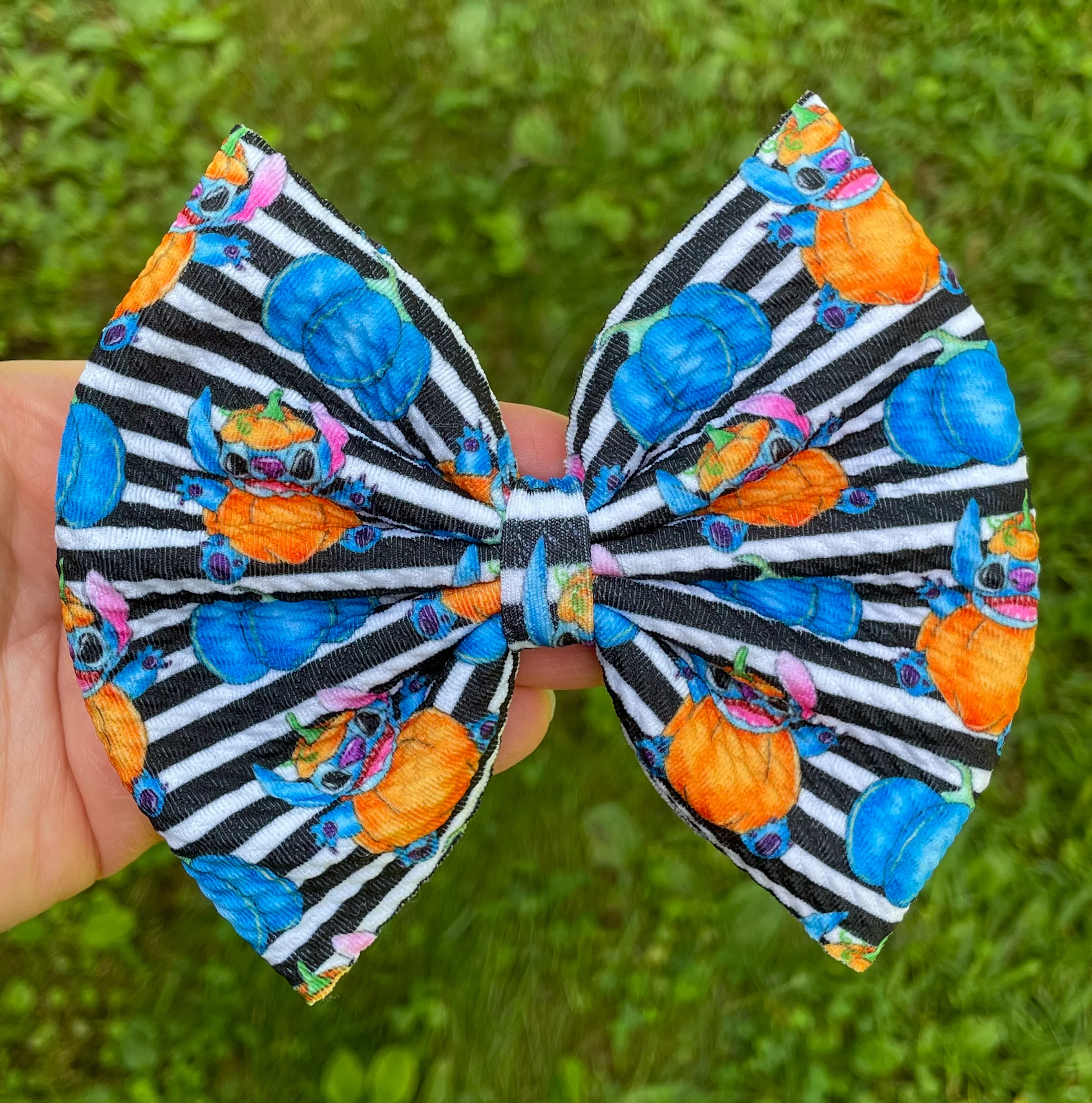 Blue Alien Pumpkins Fabric Bow