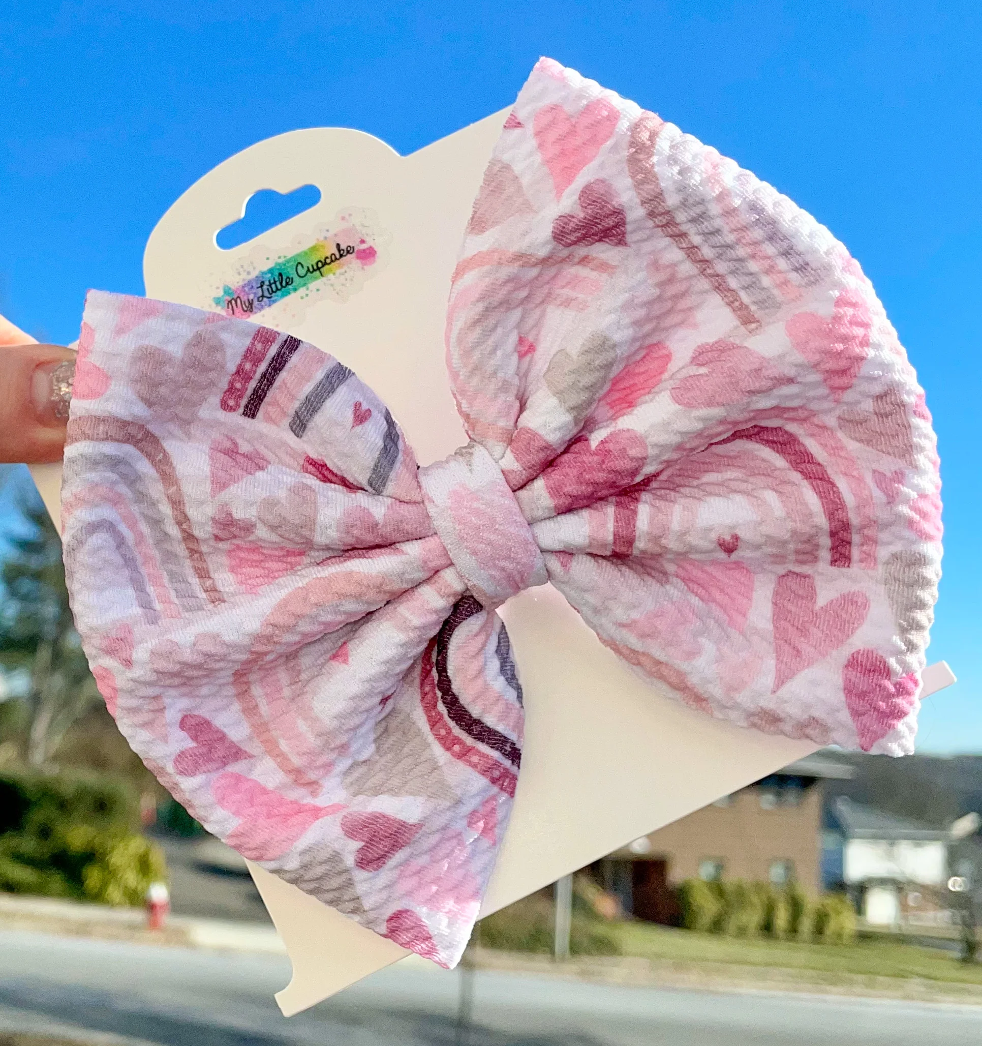 Muted Pink Rainbows Fabric Bow