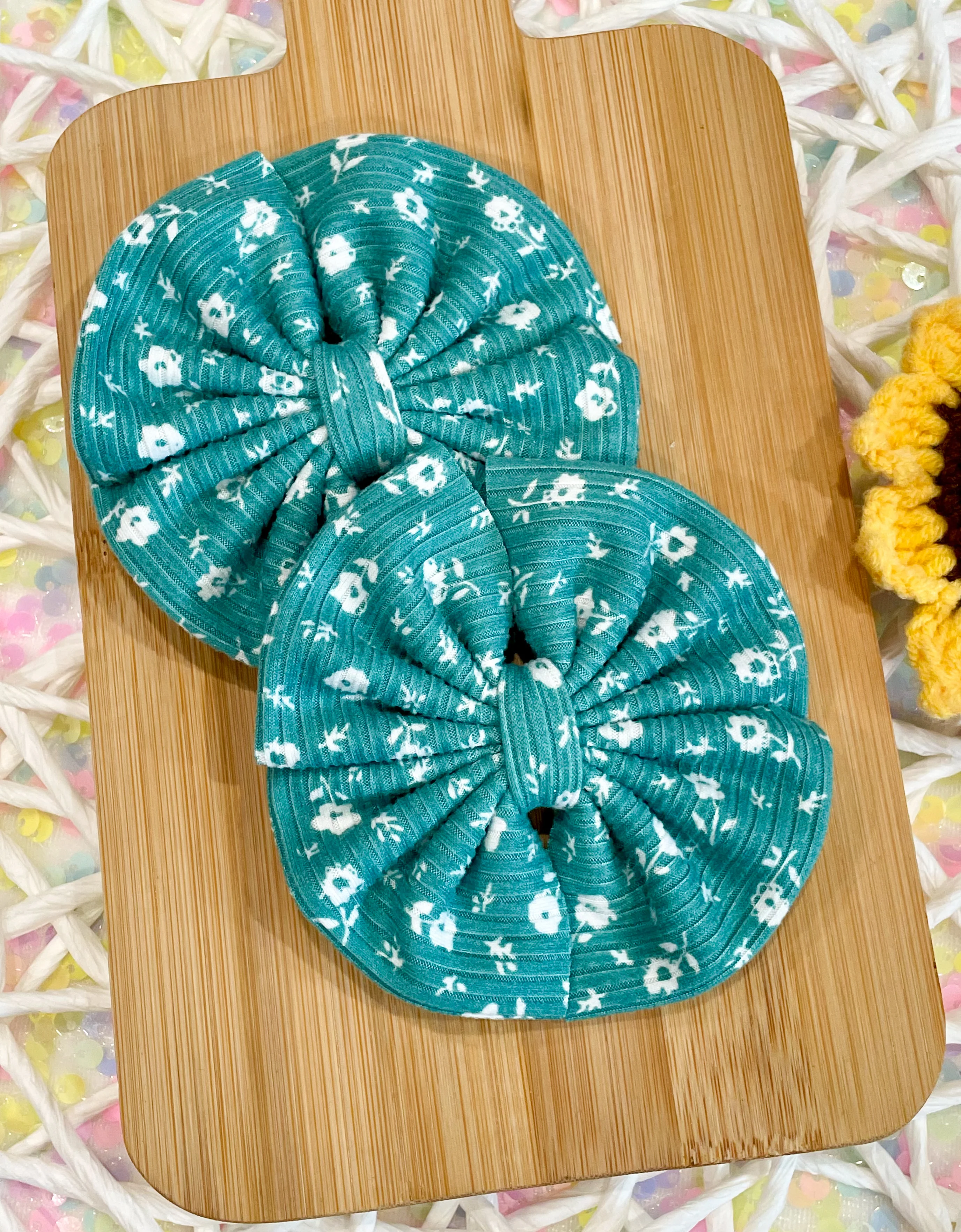 Teal & White Micro Floral Ribbed Fabric