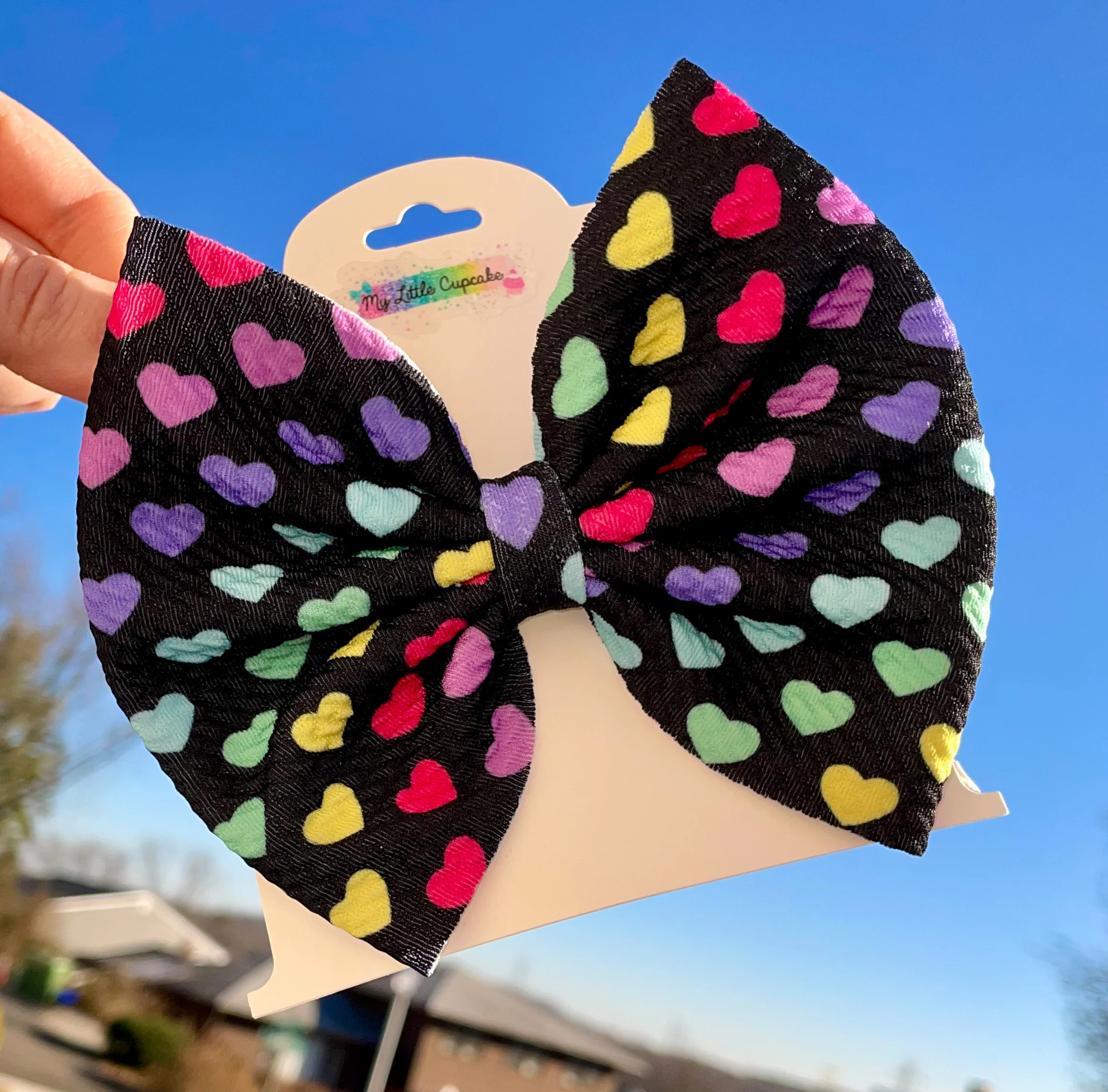 Rainbow Hearts on Black Fabric Bow