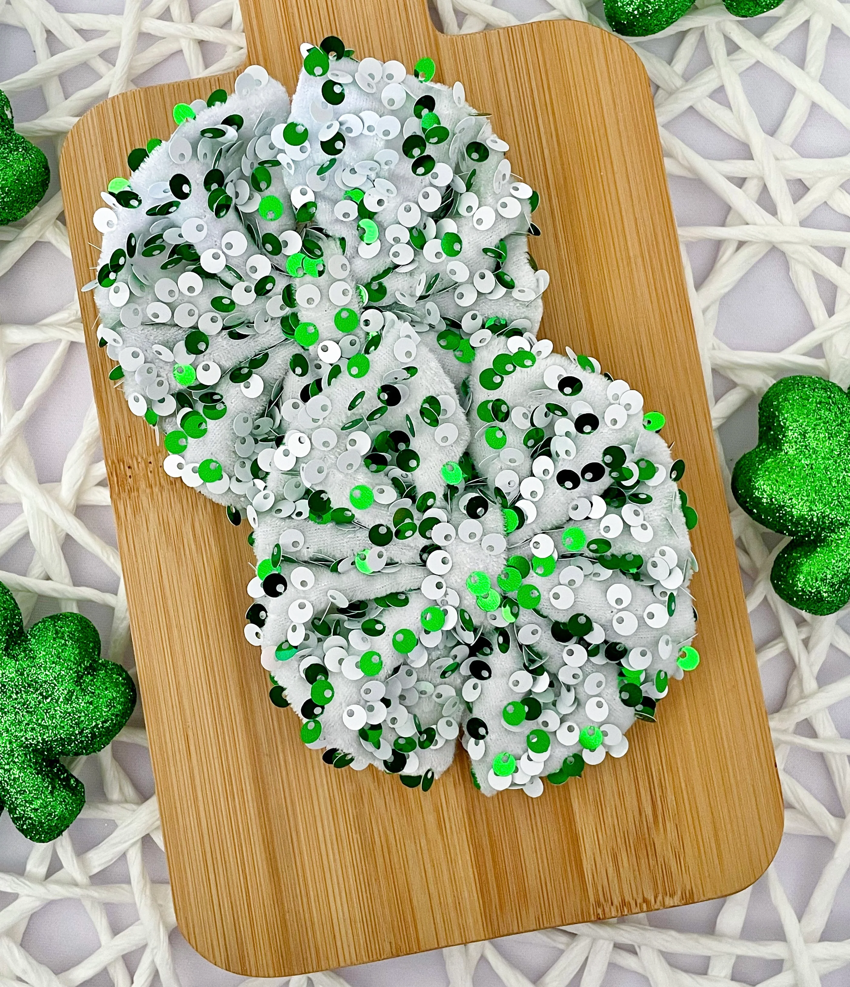 Green & White Sequin Fabric Bows