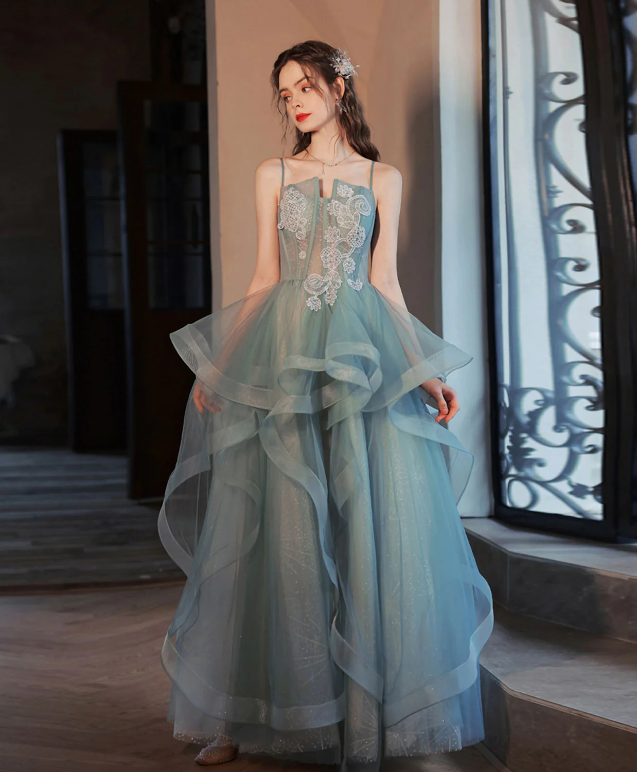 Gray Green Tulle Lace Long Prom Dress, Gray Green Tulle Lace Evening Dress