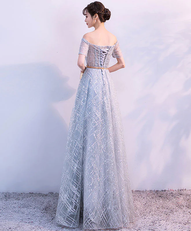 Unique Tulle Gray Long Prom Dress, Tulle Gray Evening Dress